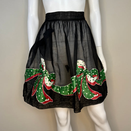 1950s Carmen Lee Half Apron, Christmas, Black Organza, Red and Green Polka Dot Bow Appliqué