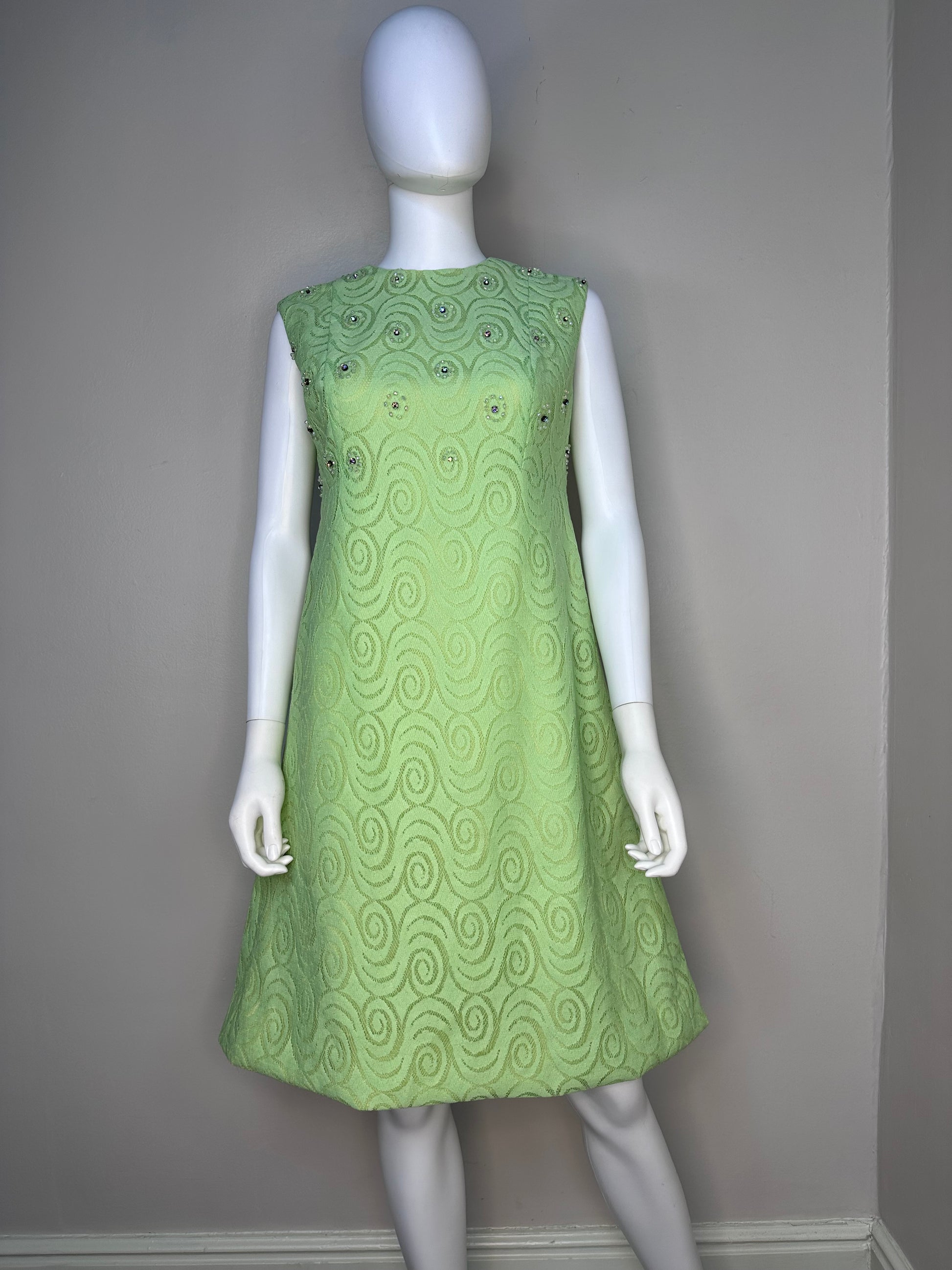 1960s/70s Green Swirl Lace Sleeveless Dress with Beading and Rhineston Proveaux Vintage 1960s/70s Green Swirl Lace Sleeveless Dress with Beading and Rhineston Proveaux Vintage