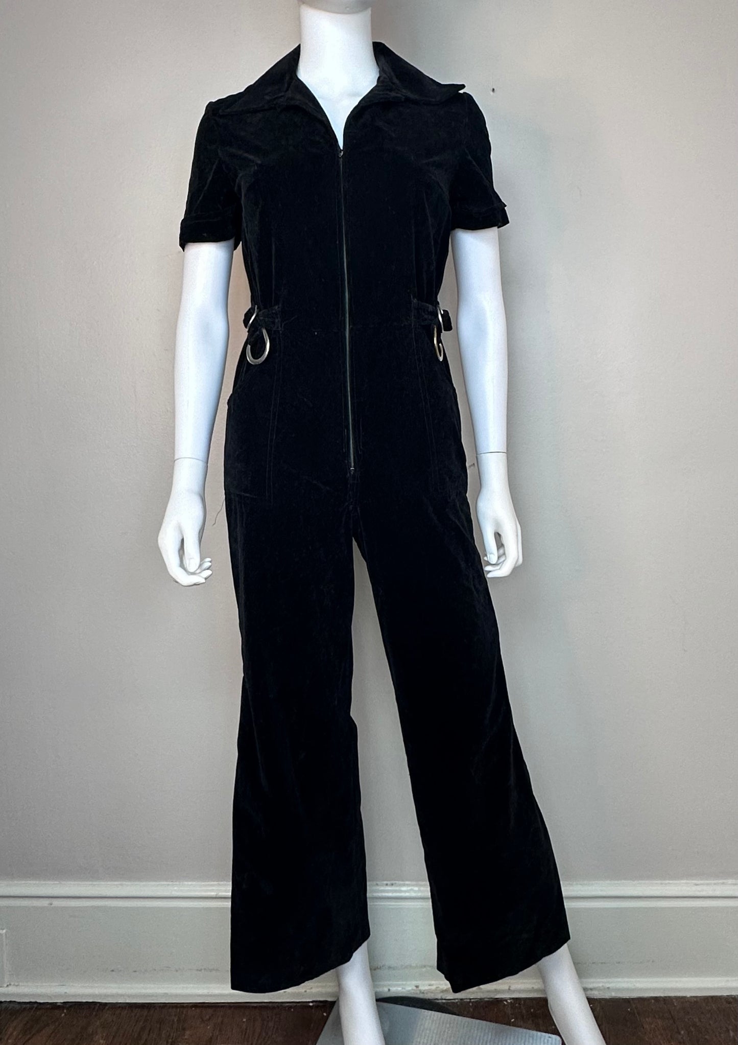 1970s Black Velvet Jumpsuit, Size XS, Short Sleeve, Zip Up, Flare Leg