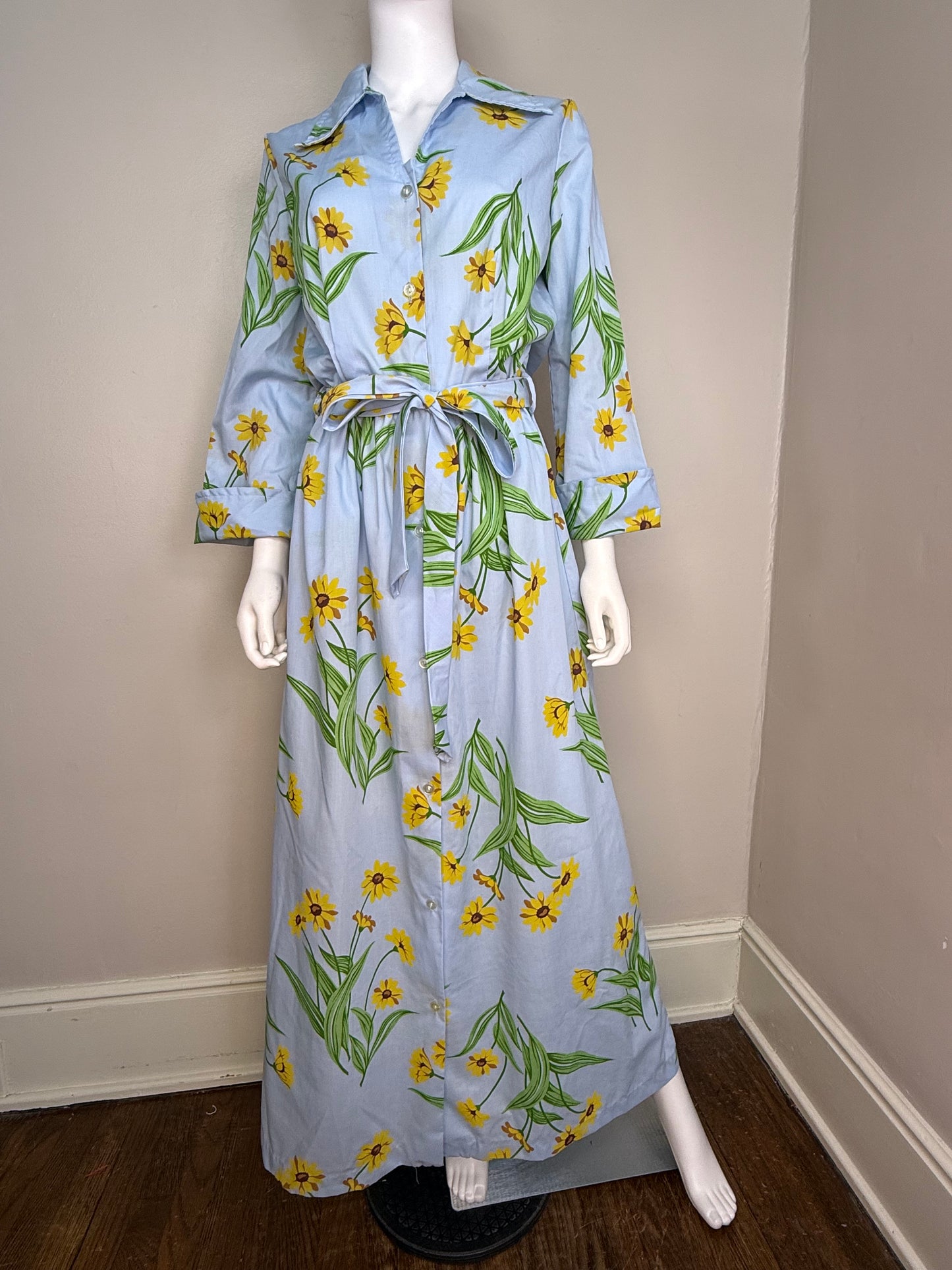 1970s Blue Floral Maxi Shirt Dress, Sears Size Large Tall