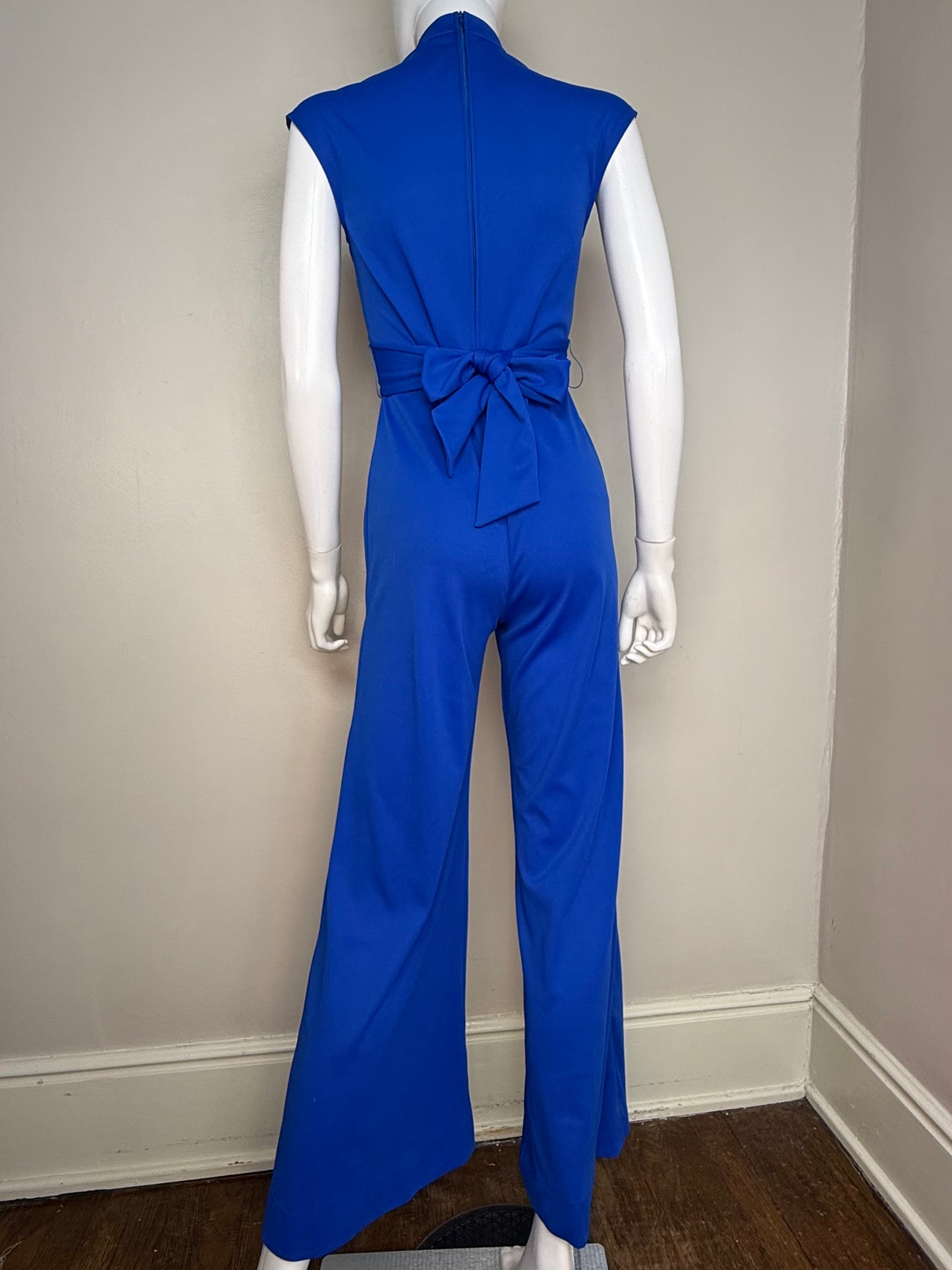 1970s Royal Blue Sleeveless Bell-Bottom Knit Jumpsuit, Jerell of Texas Size Small Petite