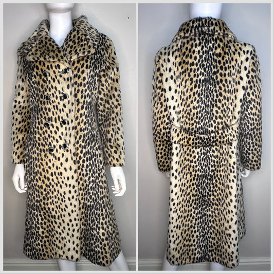 1960s Animal Print Faux Fur Long Coat, Size Medium, Cheetah, Leopard