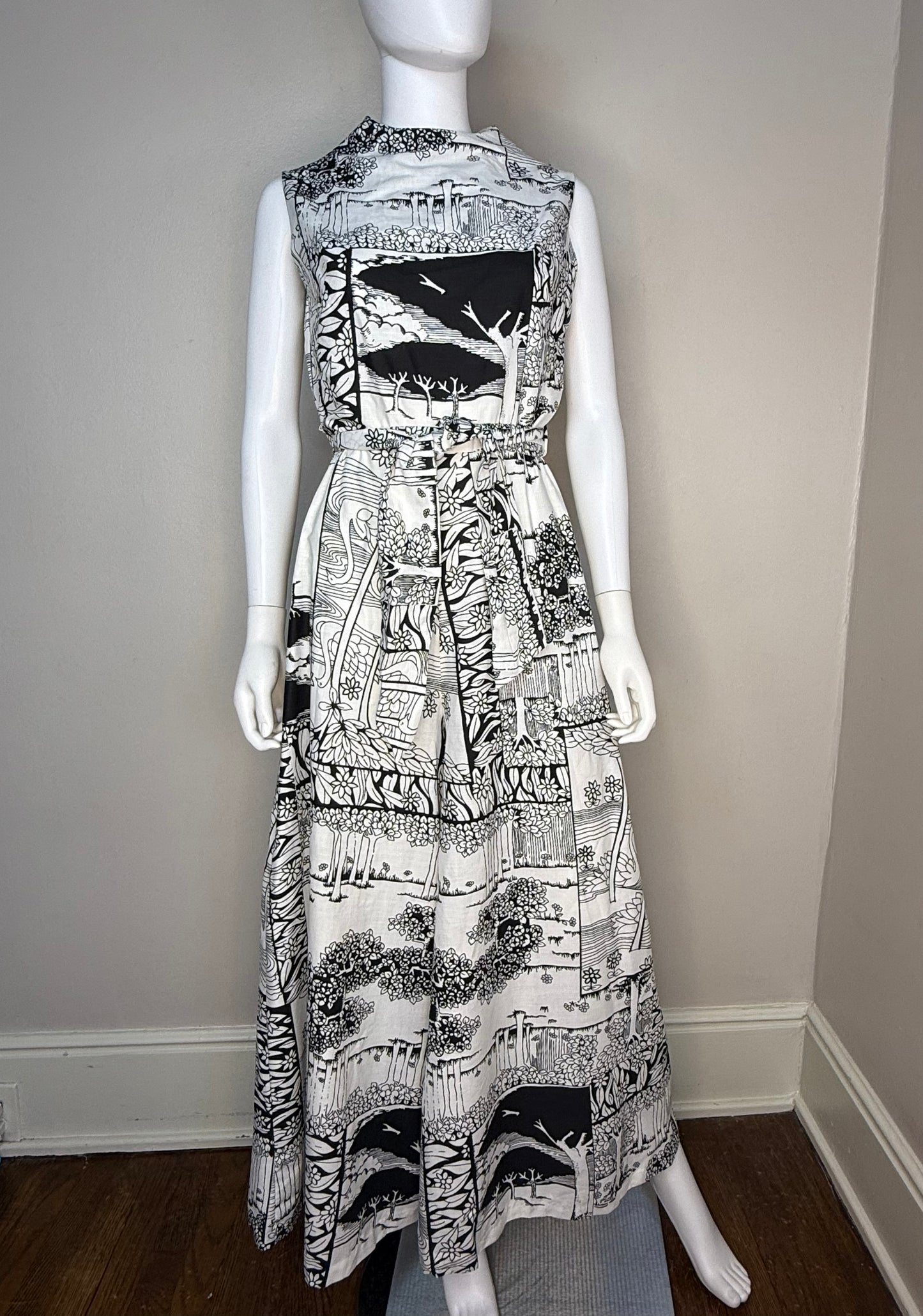 1970s Black and White Psychedelic Print Wide Leg Sleeveless Jumpsuit, Sears At Home Wear Size Small Medium