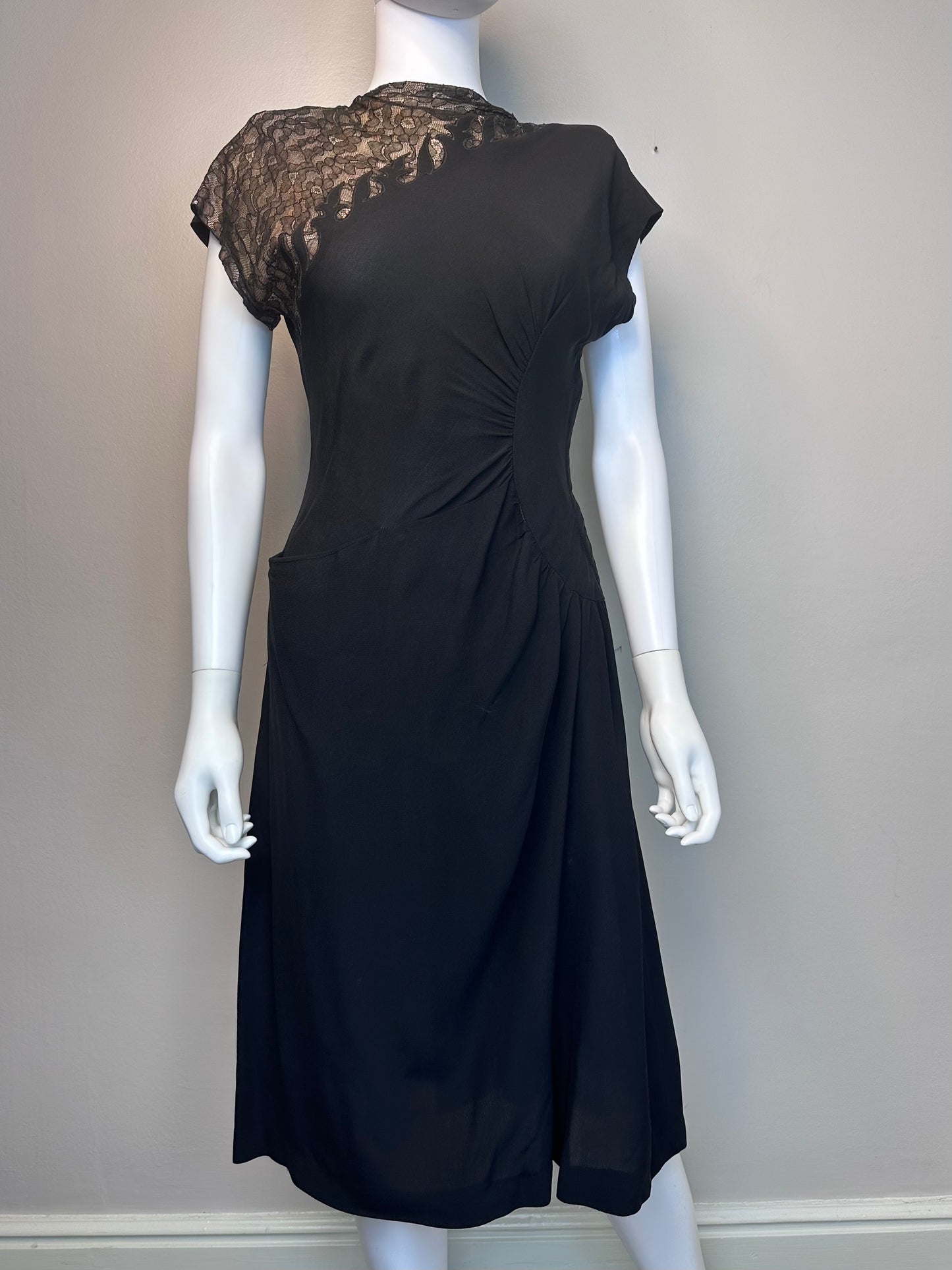 1940s Black Asymmetrical Dress with Lace, Size XS, Flames