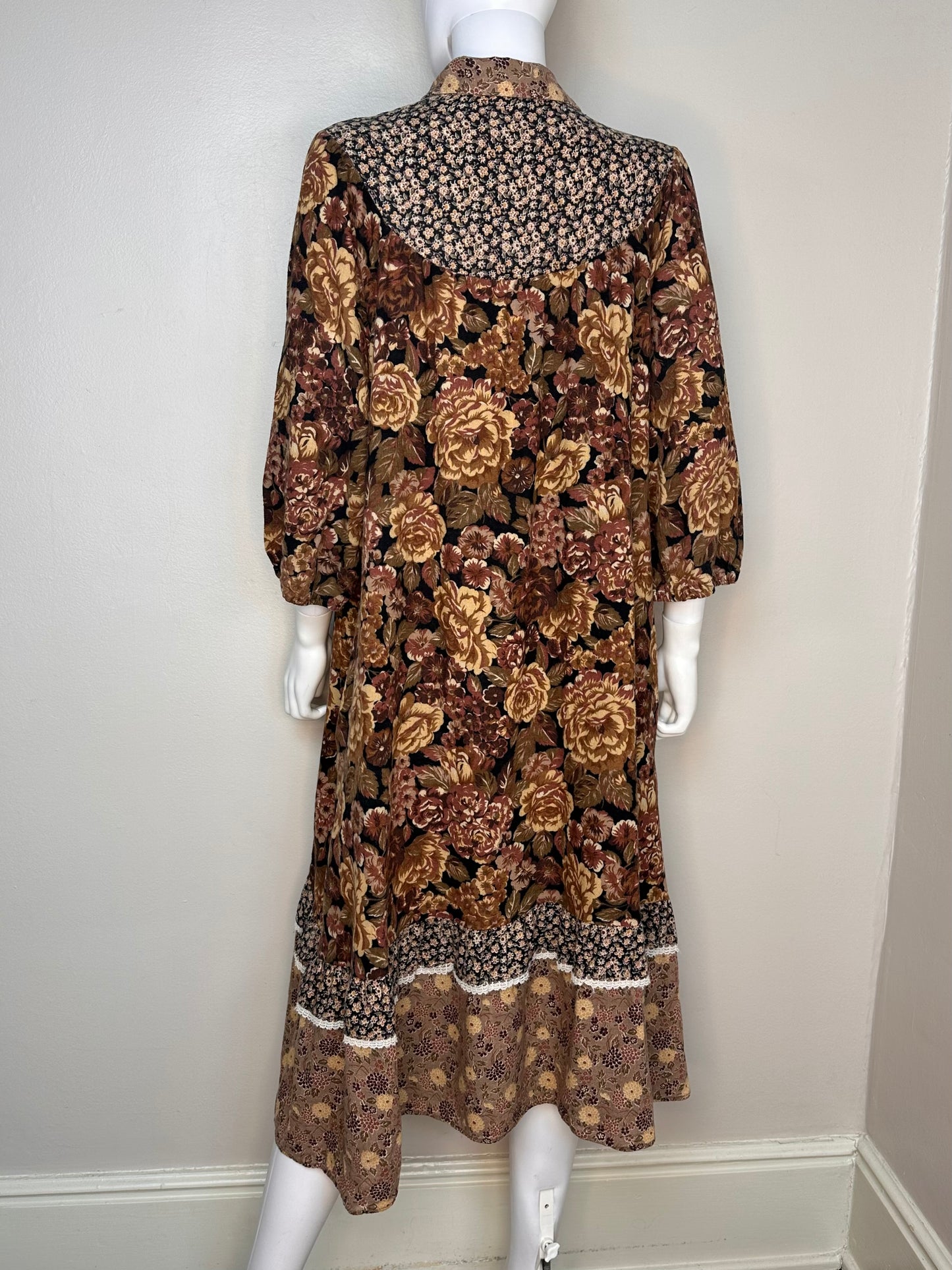 1970s/80s Mixed Brown Florals Boho Midi Dress, Size Large