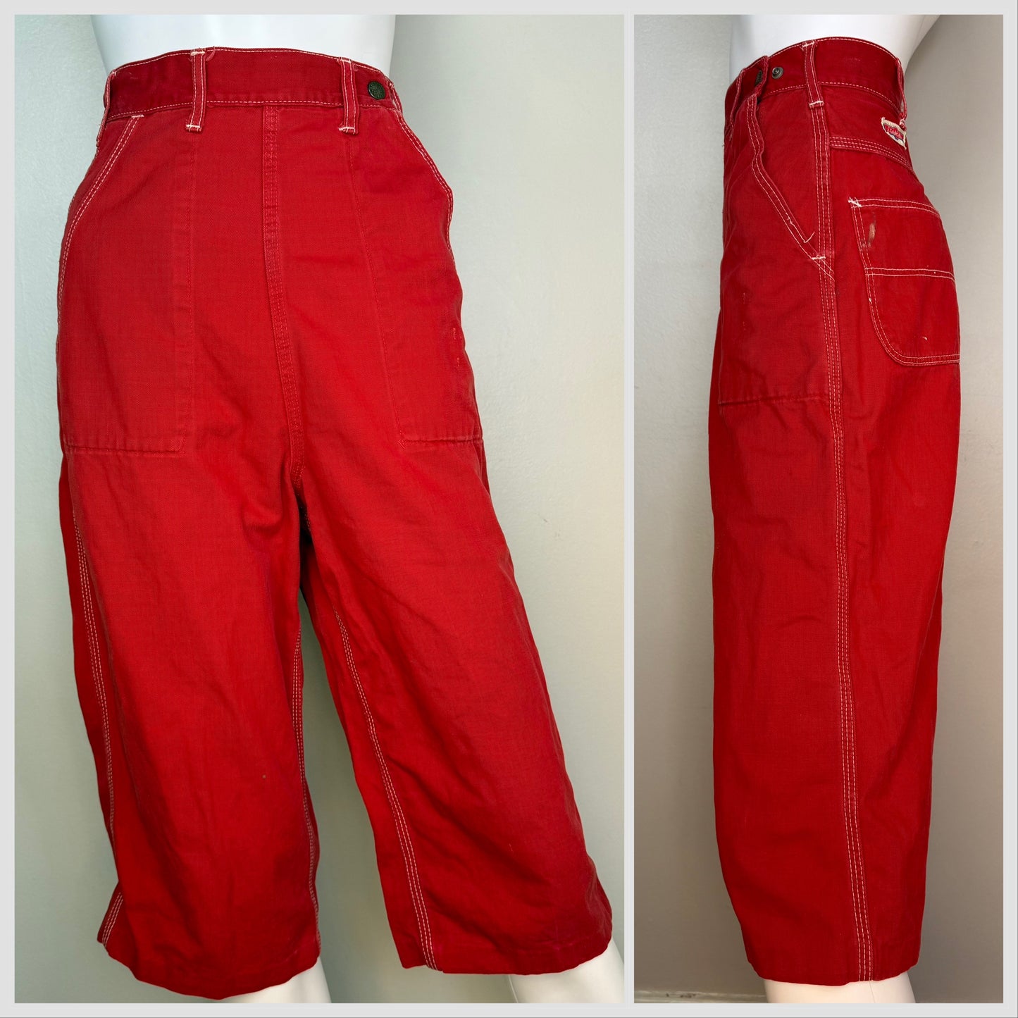 1950s Side Zip Red Denim Pedal Pushers, Cropped Dungarees, Stephens Size XXS, 23.5"x16"
