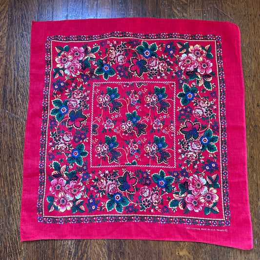 1970s Red Rainbow Floral Bandana,  21" x 21", RN 14193, Selvage Edge