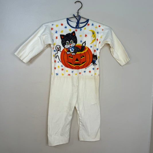 1960s Cat Halloween Costume, Ben Cooper Size 3T, One Piece Flannel Jumpsuit, 1969