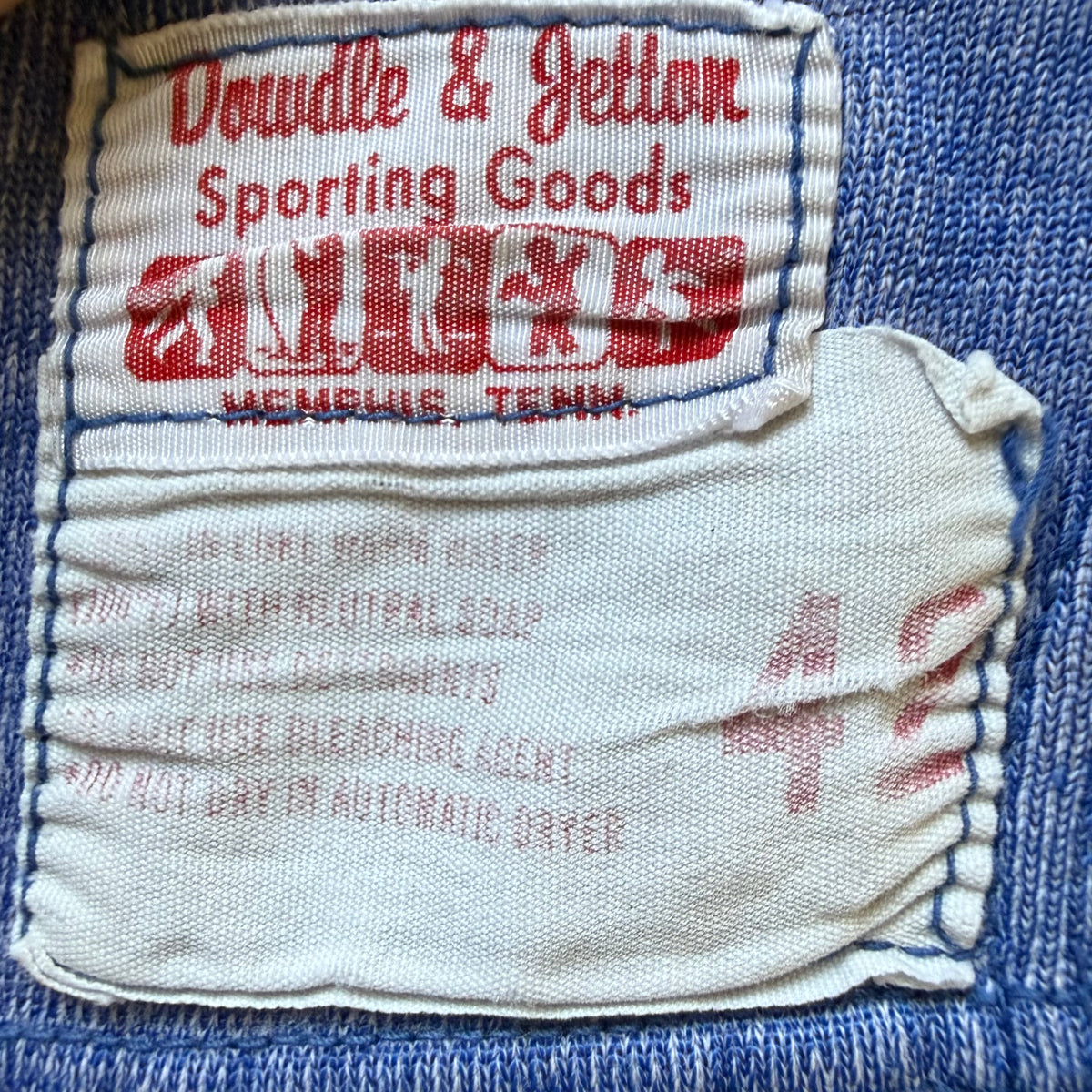1960s Heather Blue Jersey, Dowdle & Jetton Sporting Goods Memphis Tenn Size 42, No 34, Distressed