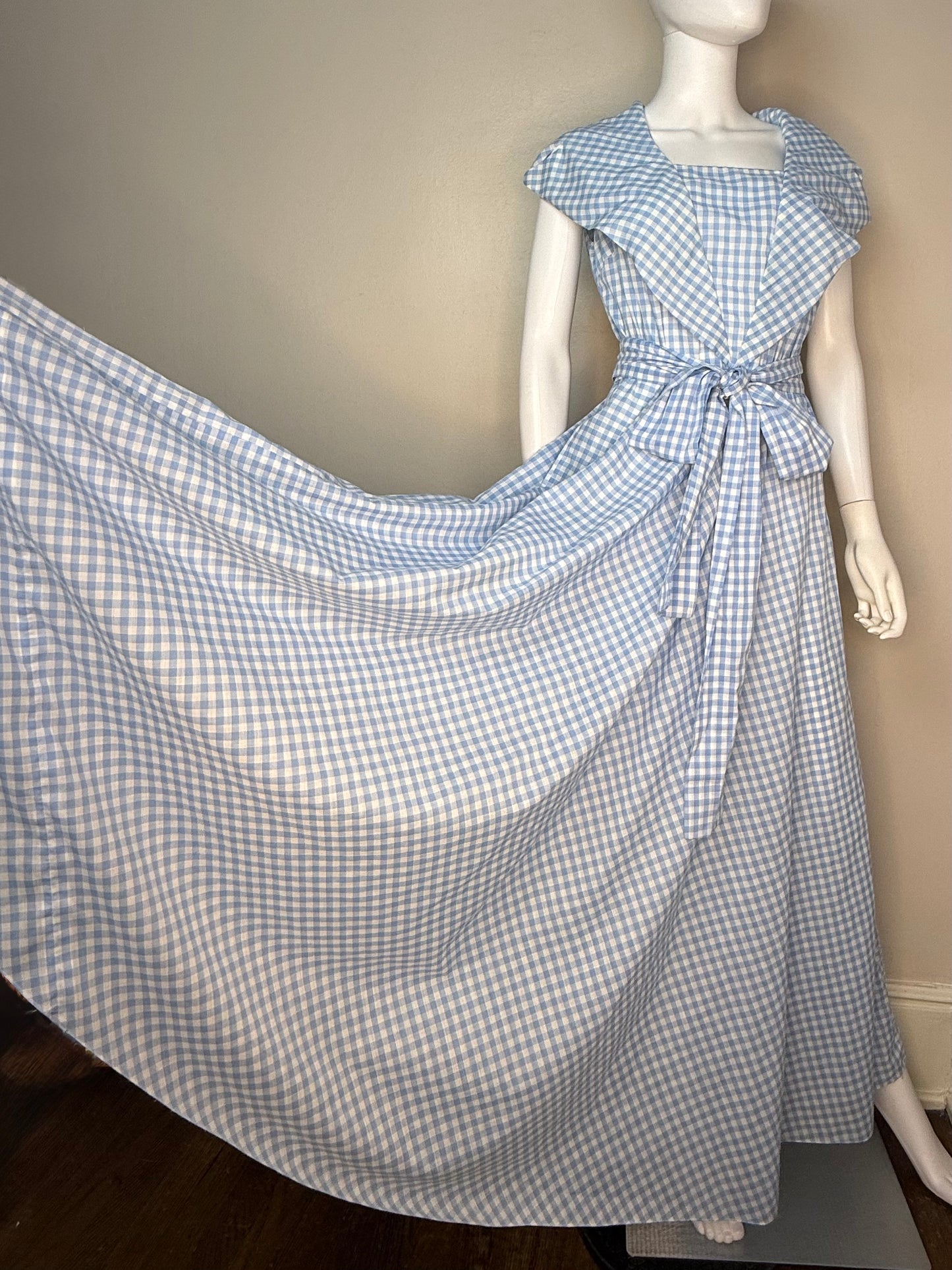 1970s Blue Gingham Maxi Dress, Handmade Size Small/Medium
