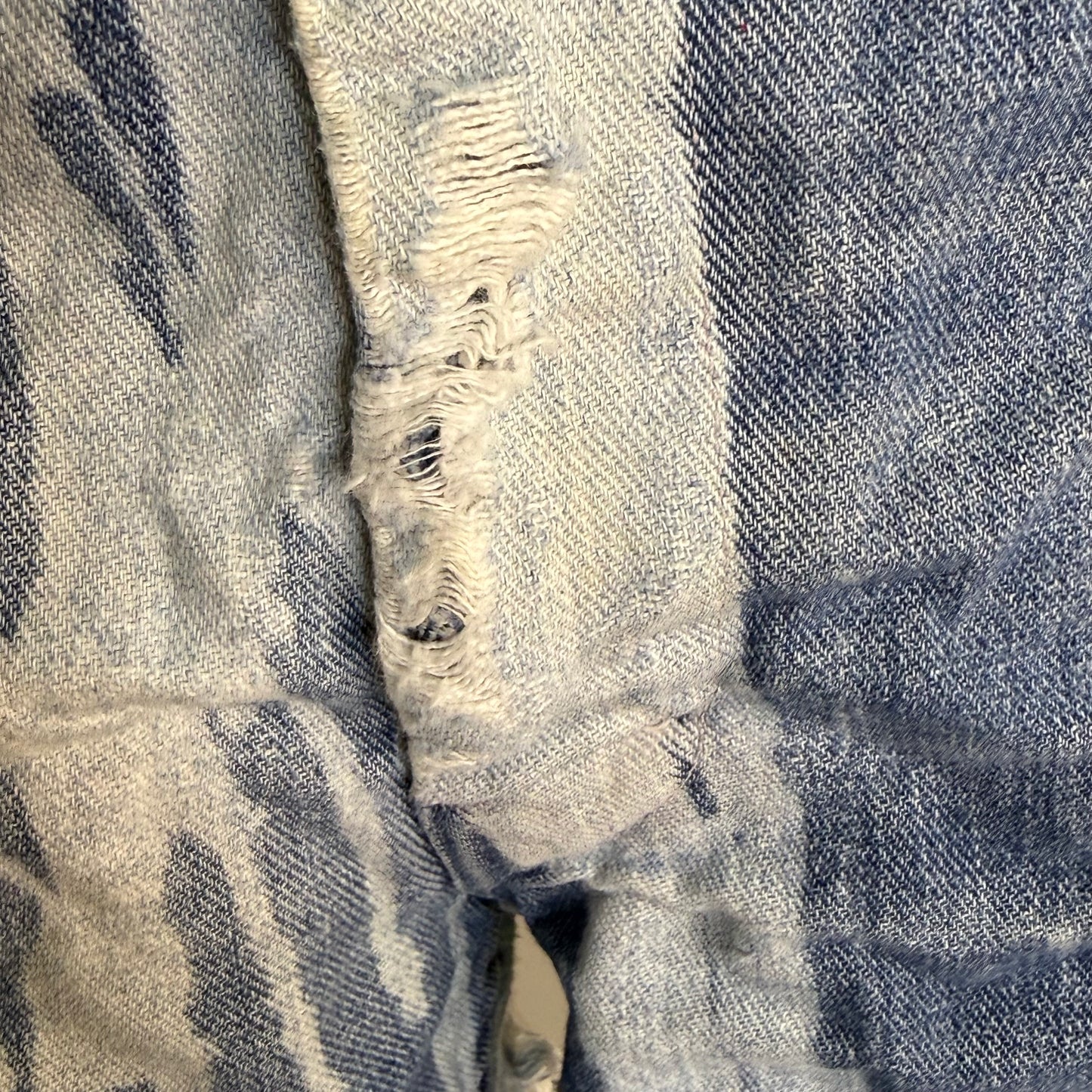 1970s Denim Shorts, Cut Off Jeans, Bleached Zebra Stripe, 35" Waist, Distressed