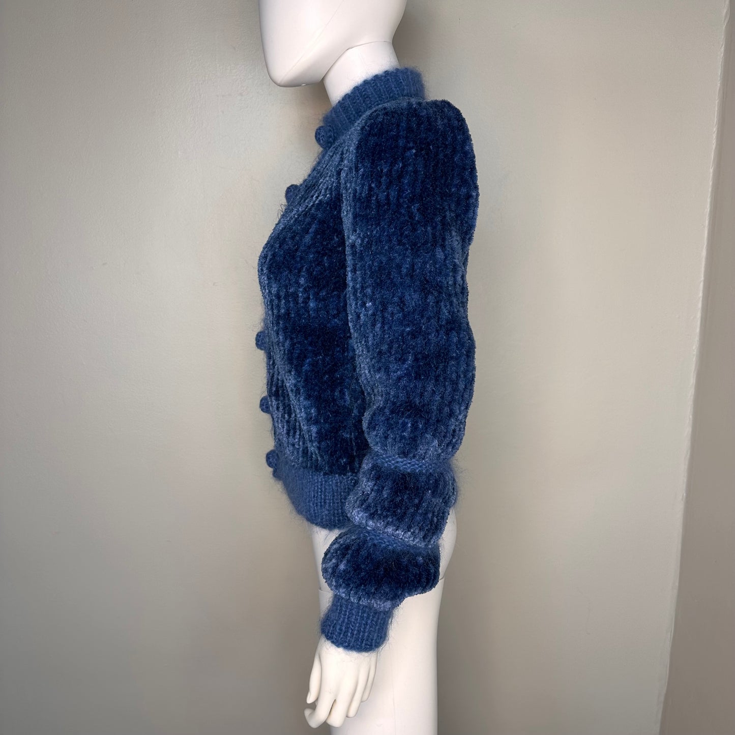 1970s Blue Chenille Hand Knitted Cardigan Sweater, Size Small, Cool Sleeves!