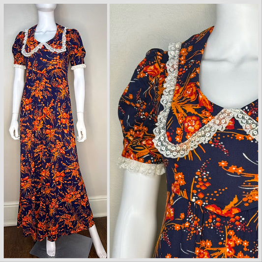1960s/70s Navy Blue and Orange Floral Maxi Dress, Size Small, Lace Trimmed Platter Collar