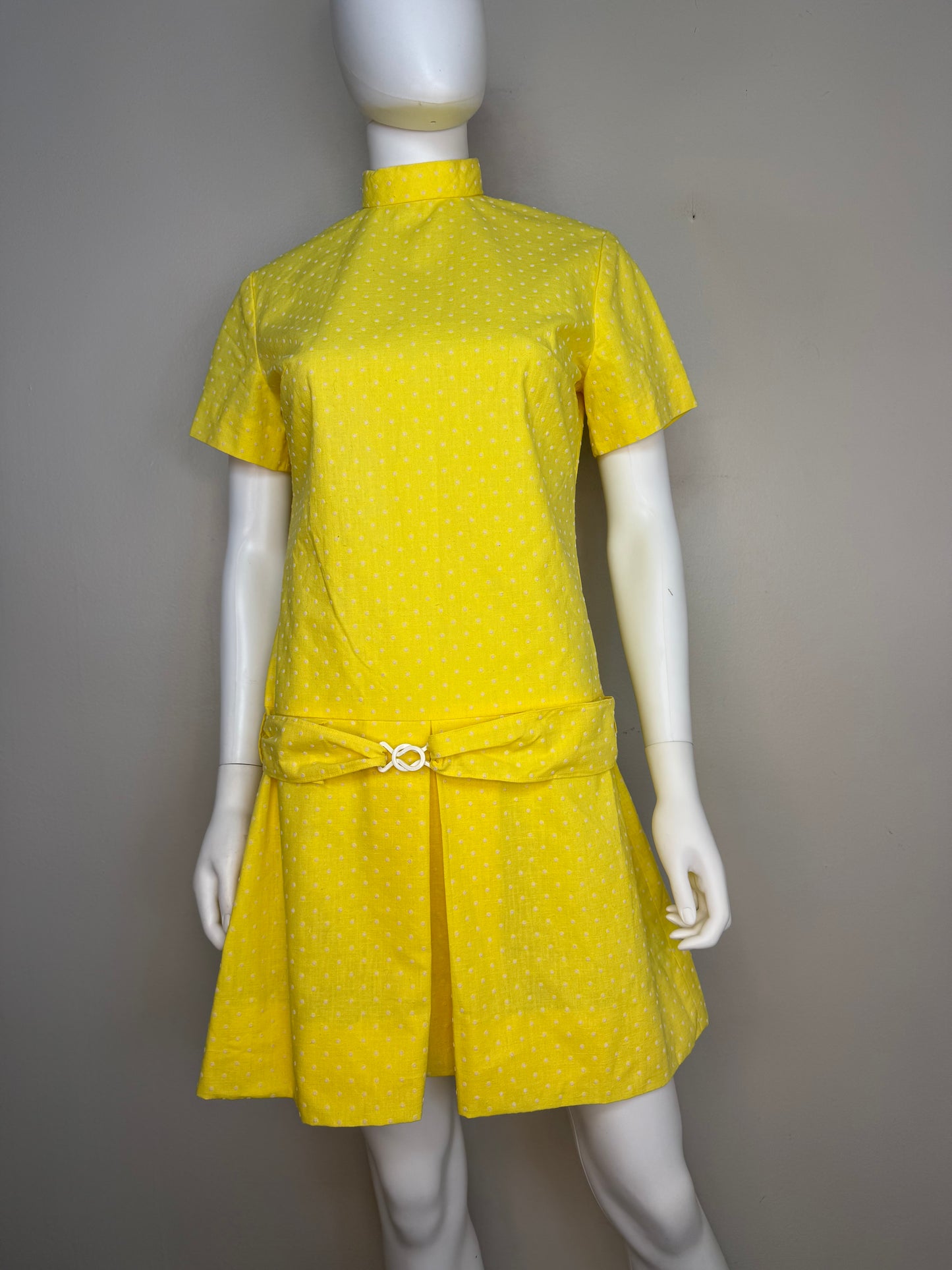 1960s Yellow Swiss Dot Drop Waist Mini Dress, Handmade Size S/M