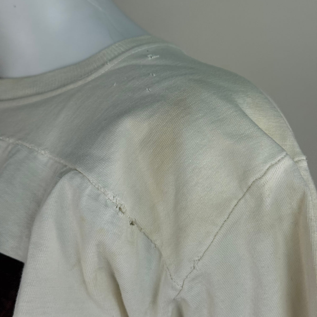 1960s White Cotton Jersey, Size Large, No 77, Chainstitch Name GANG, Very Distressed