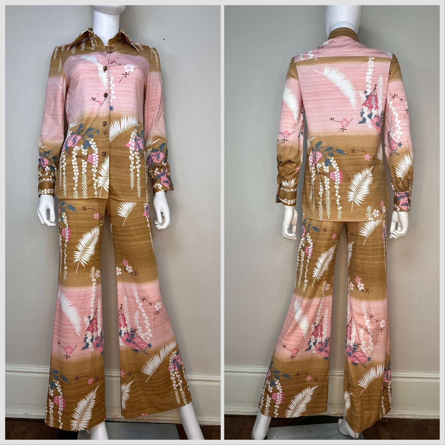 1970s Brown and Pink Fan Print Polyester Pant Suit, Flare Leg Pants, Long Sleeve Blouse, Anjac, Marc Needleman