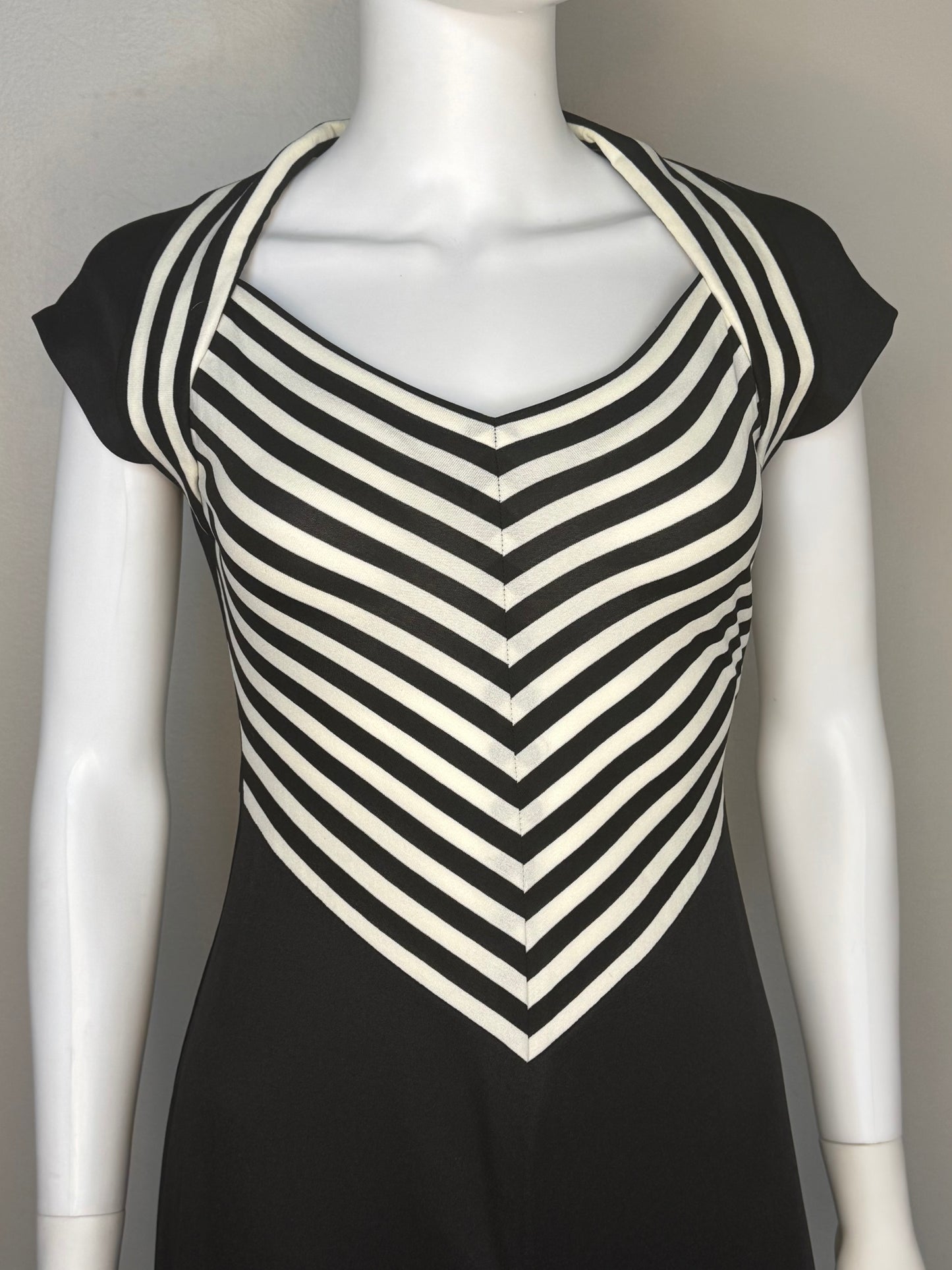 1970s Black and White Stripe Maxi Dress, Patricia Fair Size XS, Cut Out Open Back