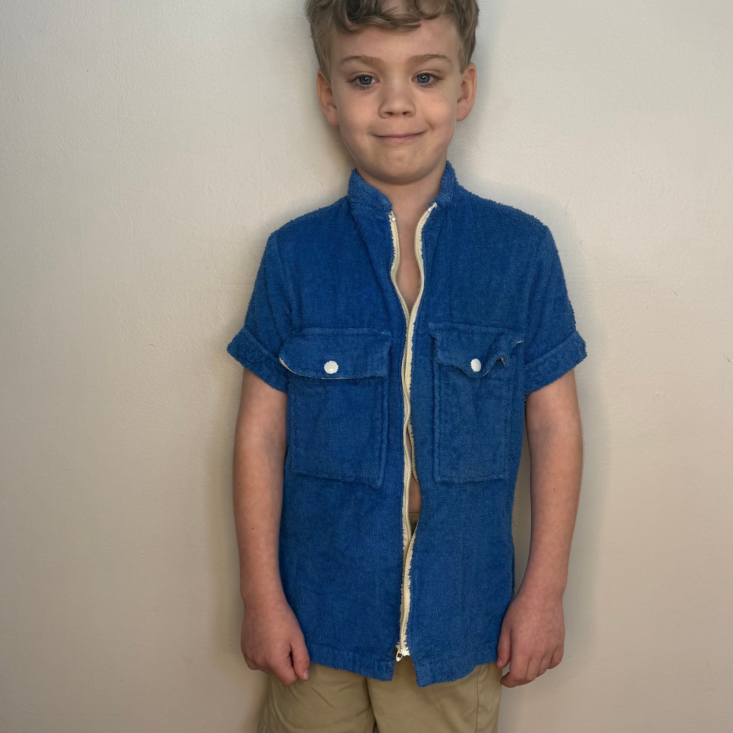 1970s Kids’ Blue Terrycloth Beach Jacket, The Put On Shop Swimwear Size 6/8, Sears, Swim Cover Up Shirt