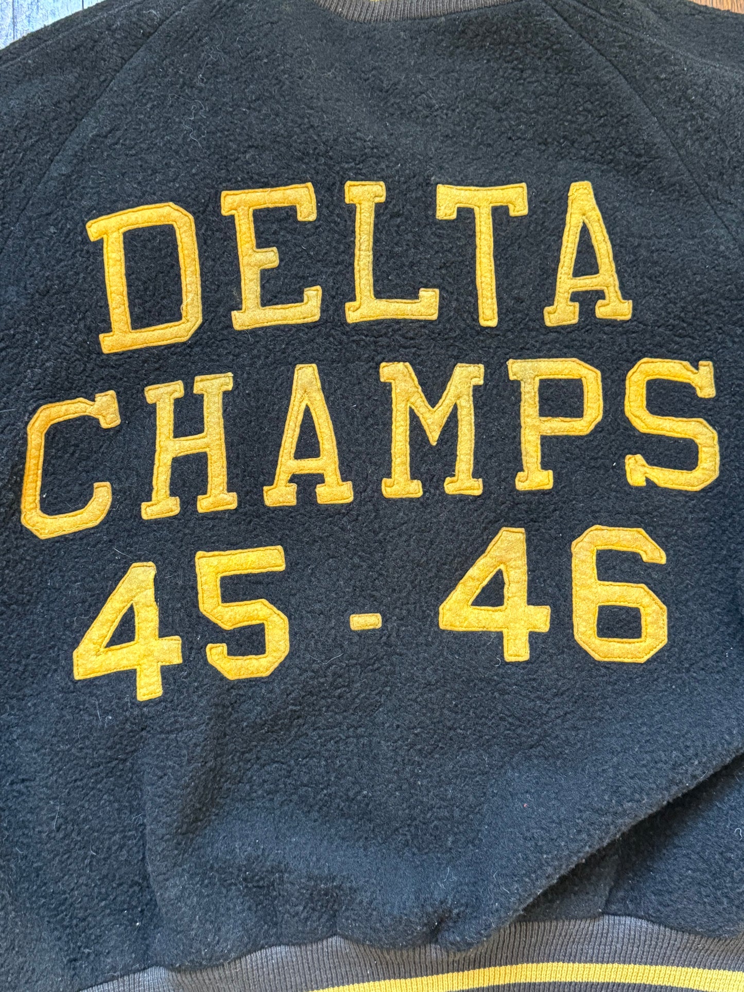 1940s Varsity Jacket, Black and Yellow, Delta Champs 45-46, Size Medium/Large