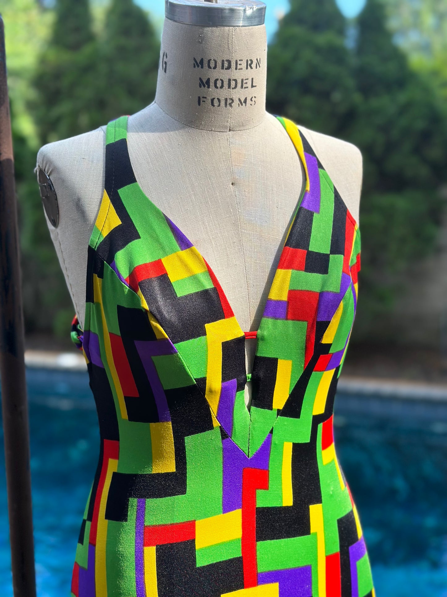 1970s Geometric Print Swim Dress, Elizabeth Stewart Size XS