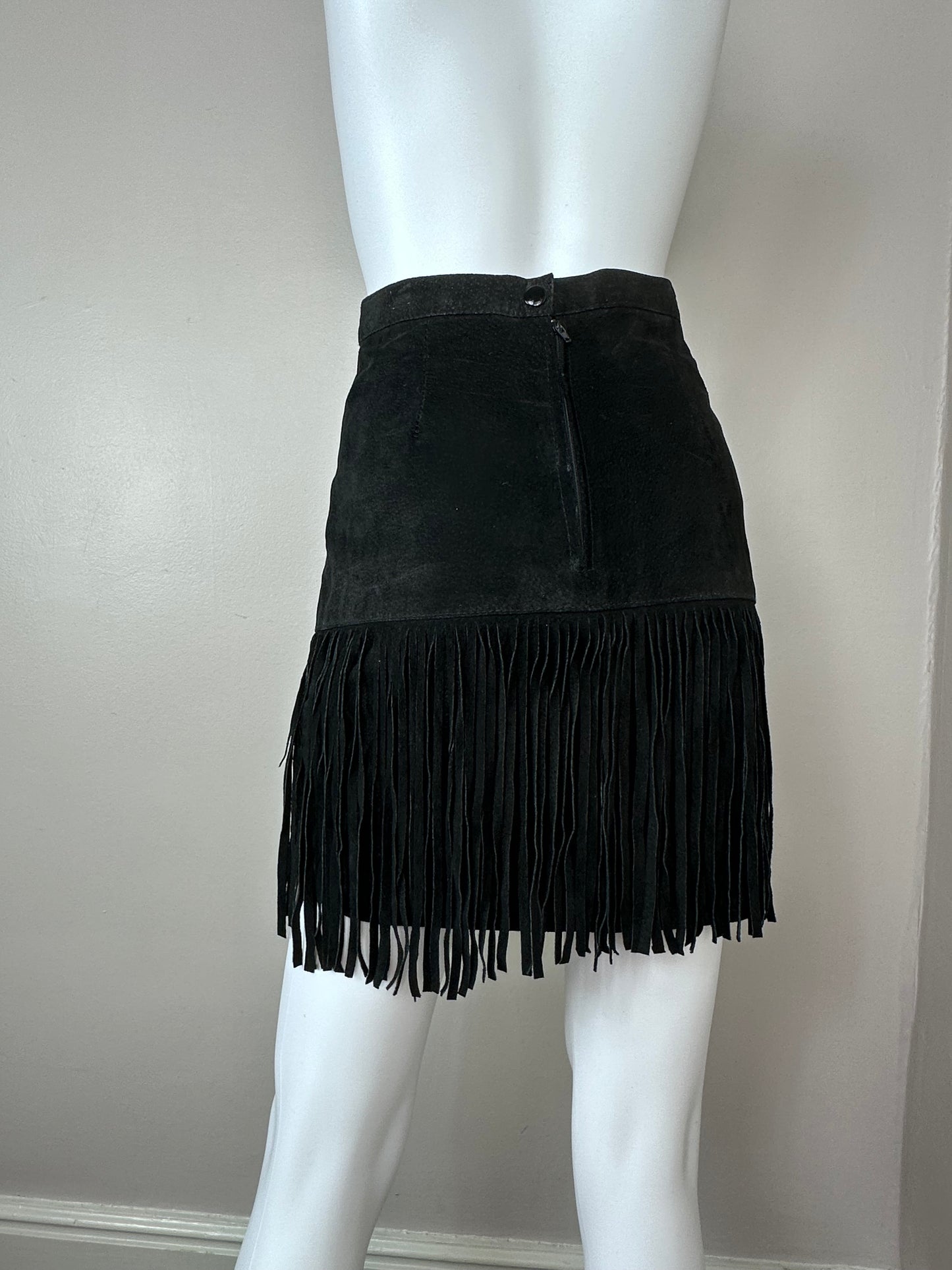 1980s Black Leather Mini Skirt with Fringe, S&U Leather Fashions Size XXS