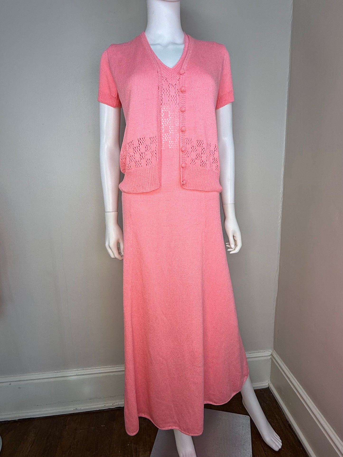 1970s St John Knits Pink Sleeveless Maxi Sweater Dress with Matching Short Sleeve Cardigan and Scarf, Size X-Small