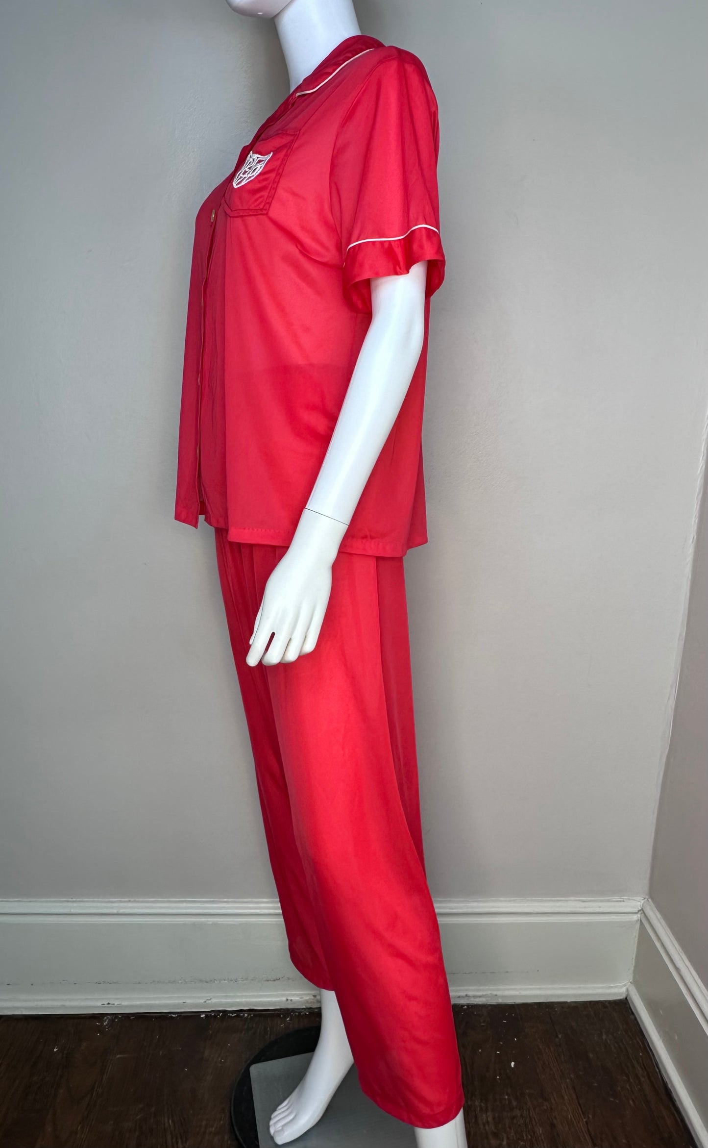 1960s Red Nylon Pajama Set, Styled by Gilbreath Size Medium, Short Sleeve Top and Pants