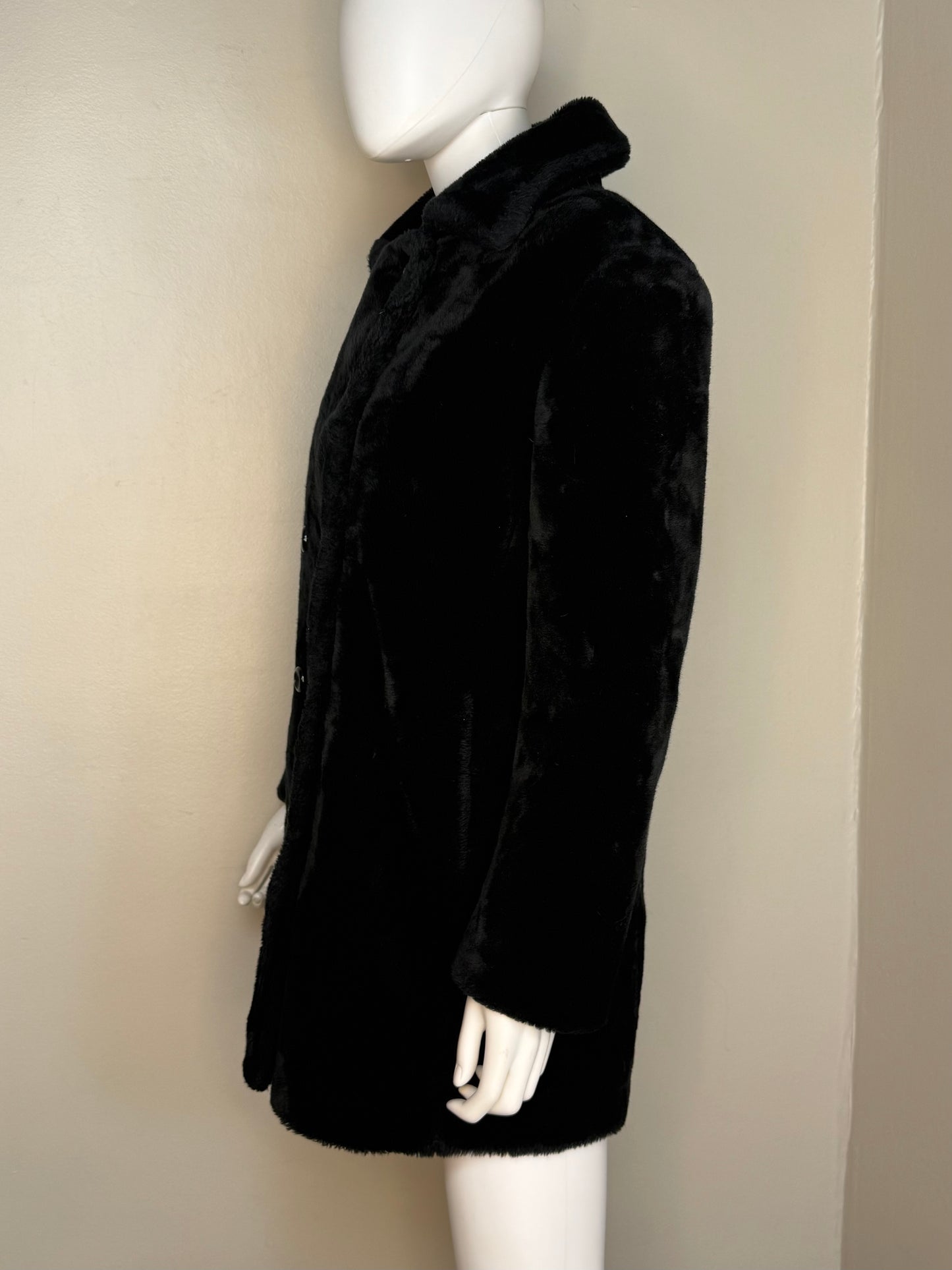 1990s Black Faux Fur Peacoat, Express Size XS-Small, Double Breasted Coat