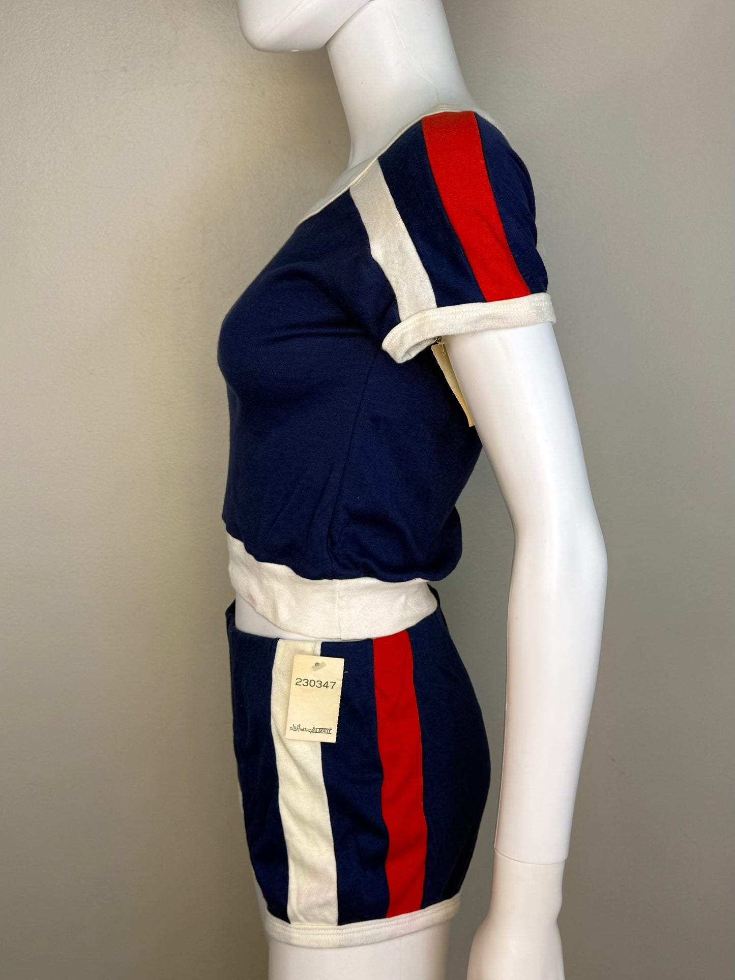1970s/80s Blue Knit Top and Shorts Set with Red and White Stripes, Size XS-Small, Deadstock