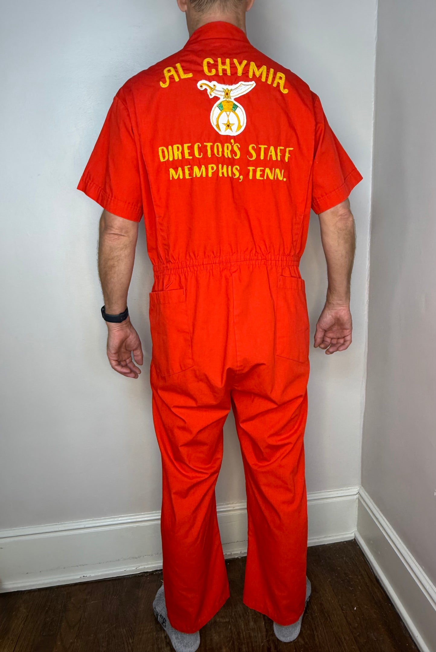 1970s Red Short Sleeve Coveralls, Al Chymia Directors Staff Memphis Tenn Chainstitch Embroidery, Topp Master Size Large Tall, Boiler Suit, Leisure