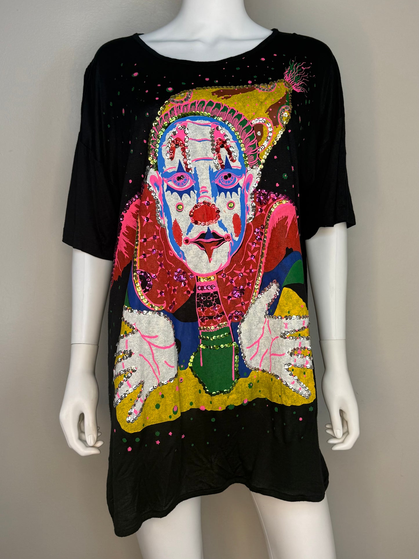 1980s Clown T-Shirt Tunic, Sequins, Embellished, Ultra Hand Made in Bali, One Size