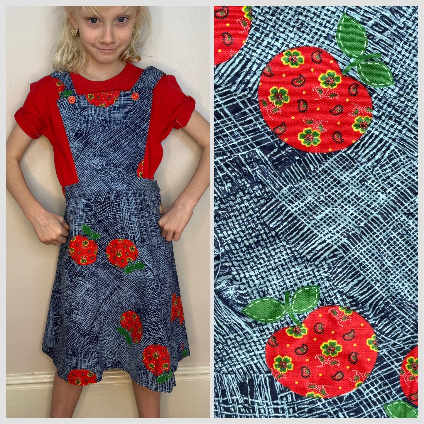 1970s Girls’ Jumper, Low Back Overall Dress, Apple Print, Handmade Size 8