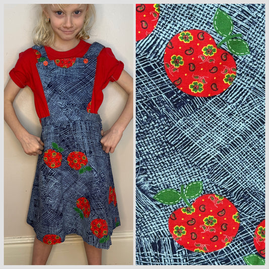 1970s Girls’ Jumper, Low Back Overall Dress, Apple Print, Handmade Size 8