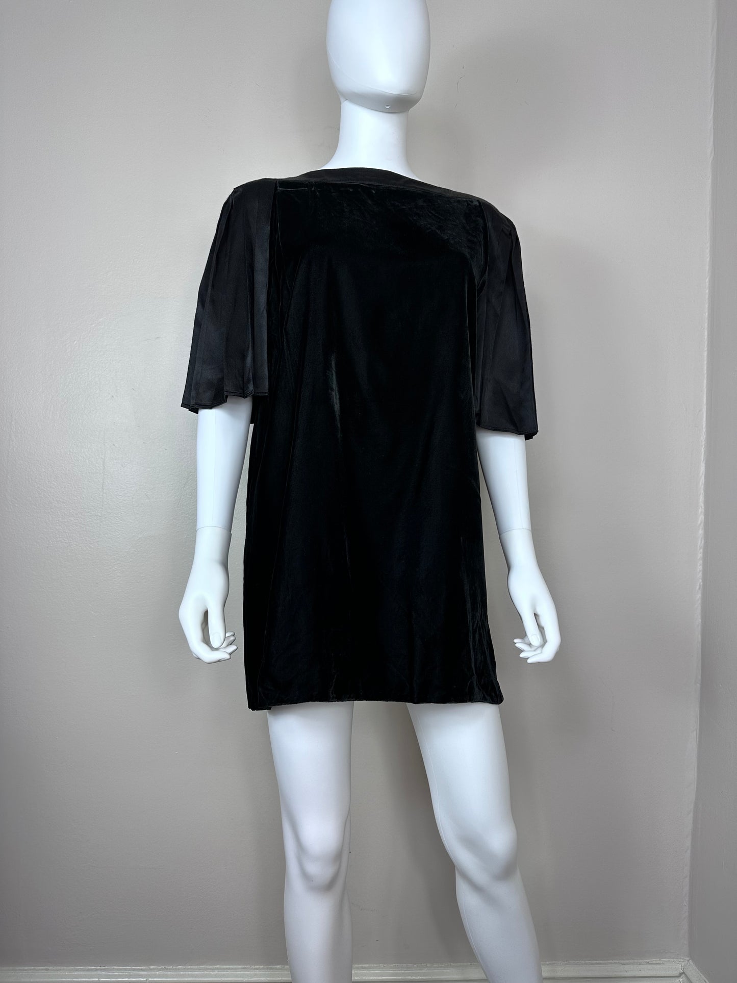 1980s? Black Velvet Micro Mini Dress with Back Cut Out, Size Medium