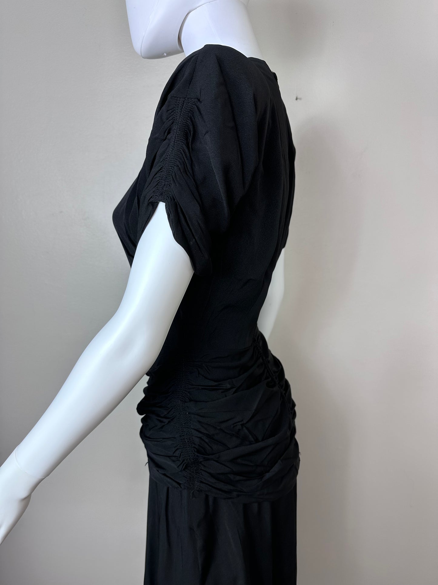 1940s Black Dress with Ruched Waist, R & K Originals Size XXS