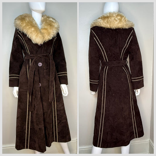 1970s Brown Velvet Coat with Faux Fur Collar, Size Small, Penny Lane