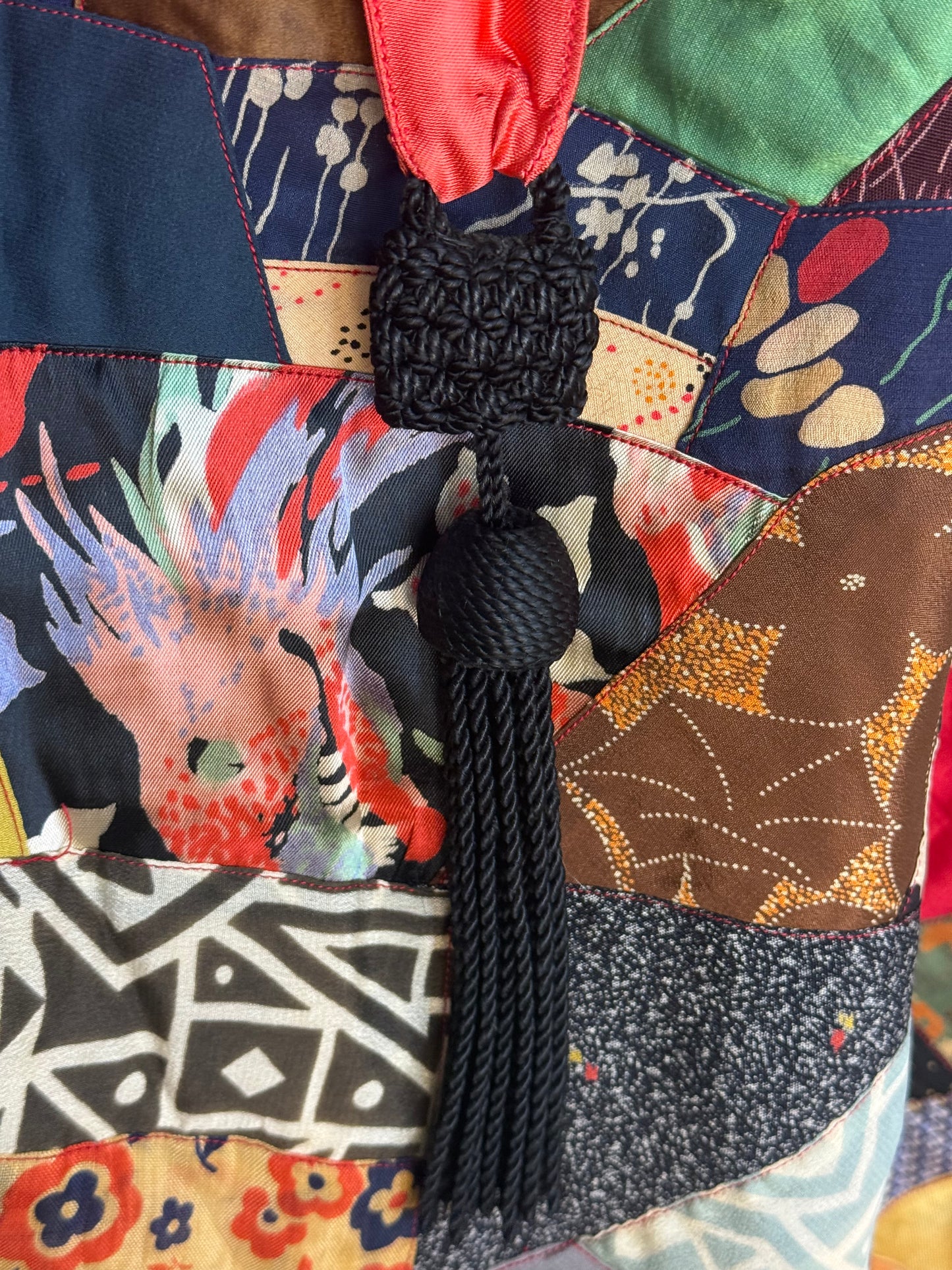 1920s/30s Patchwork Crazy Quilt Robe, Handmade Size XS-Small, Belt with Fringe Trim