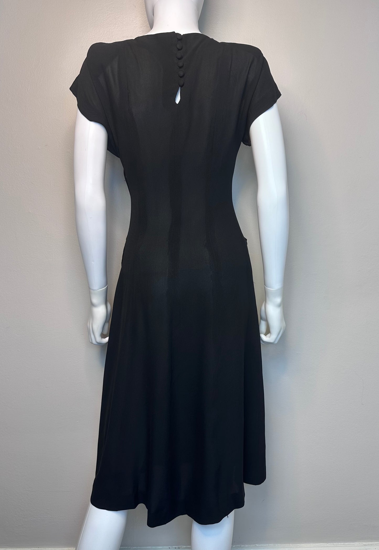 1940s Black Asymmetrical Dress with Lace, Size XS, Flames