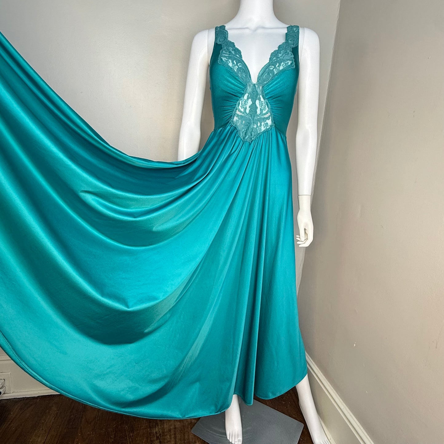 1970s Teal Olga Nightgown with Full Sweep, Lace Cut Out Bodice, Size XS