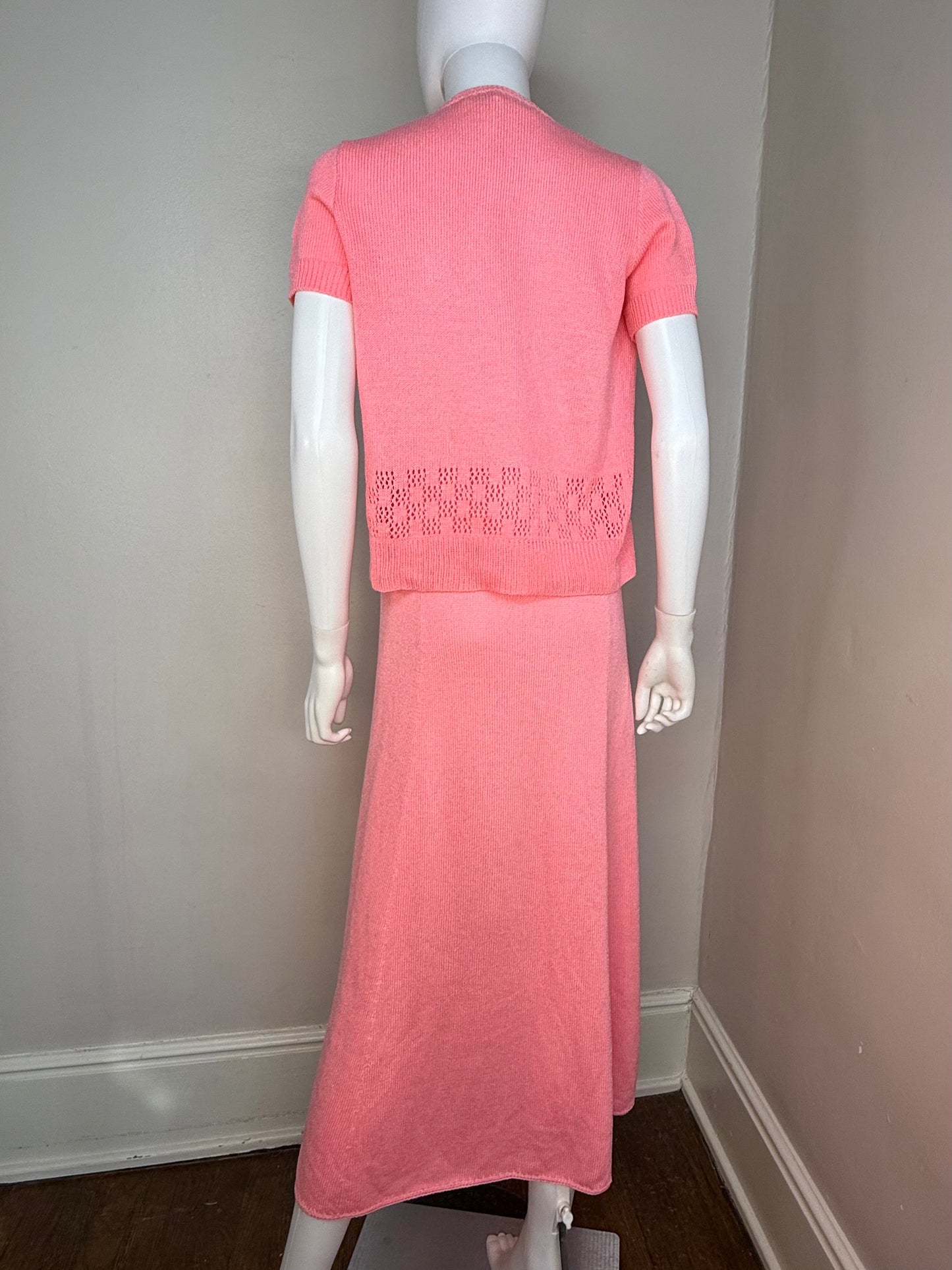1970s St John Knits Pink Sleeveless Maxi Sweater Dress with Matching Short Sleeve Cardigan and Scarf, Size X-Small