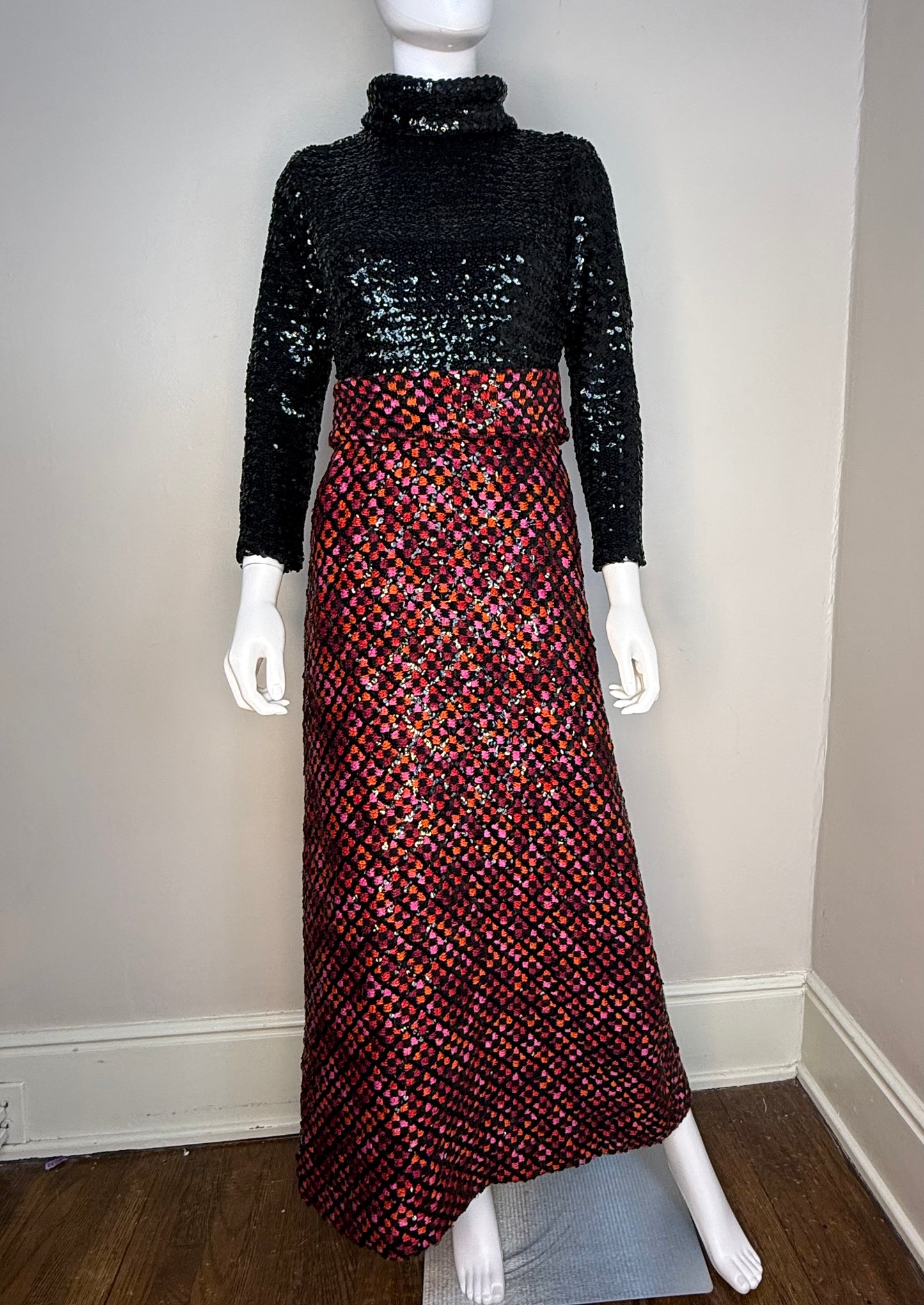 1970s Sequin Maxi Dress, Calderon Size X-Small, Black and Red Orange and Pink Check