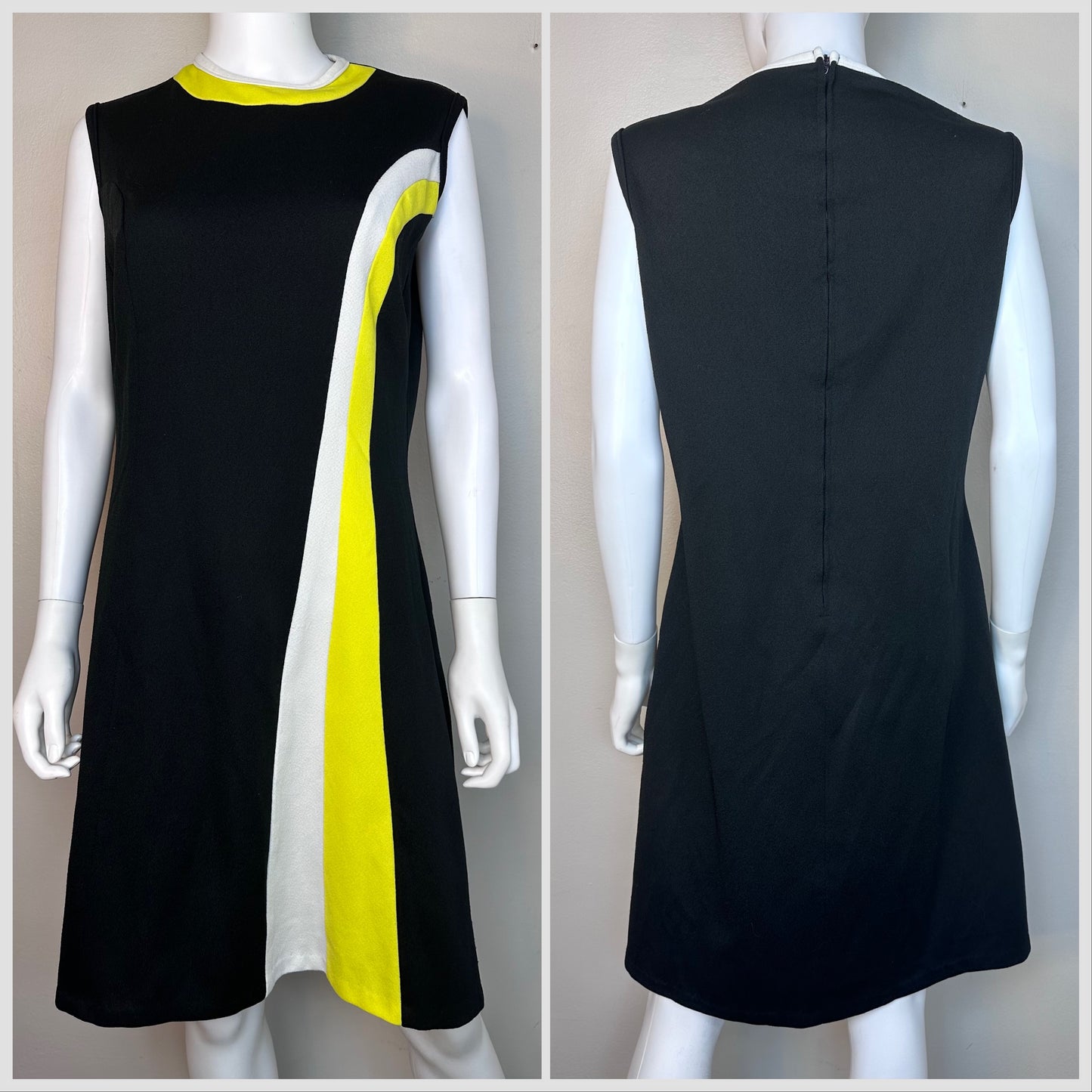 1970s Black and Yellow Mod Sleeveless Dress, Flutterbye Size Large