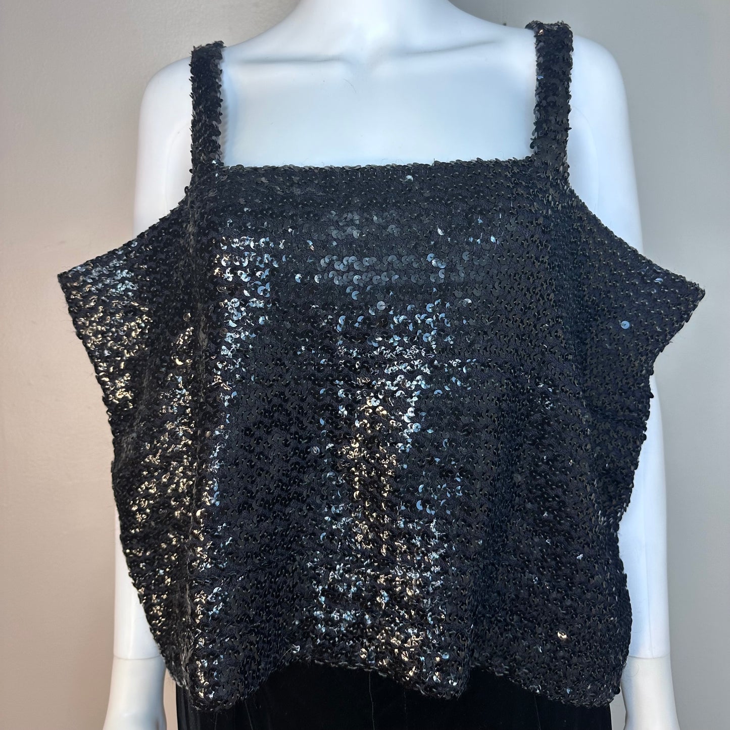 1970s Disco Black Sequin Tube Top with Straps, Size XXL