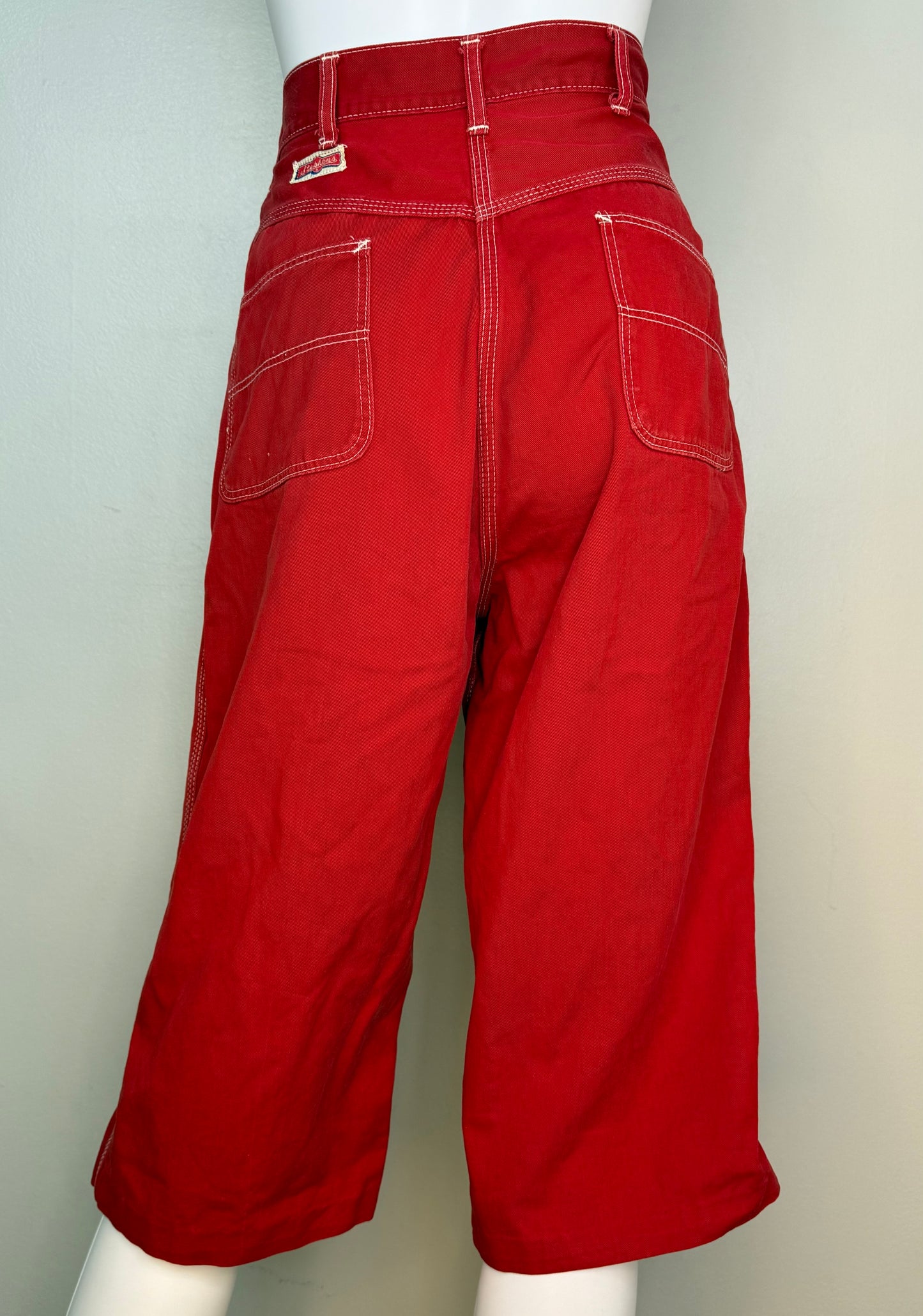1950s Side Zip Red Denim Pedal Pushers, Cropped Dungarees, Stephens Size XXS, 23.5"x16"