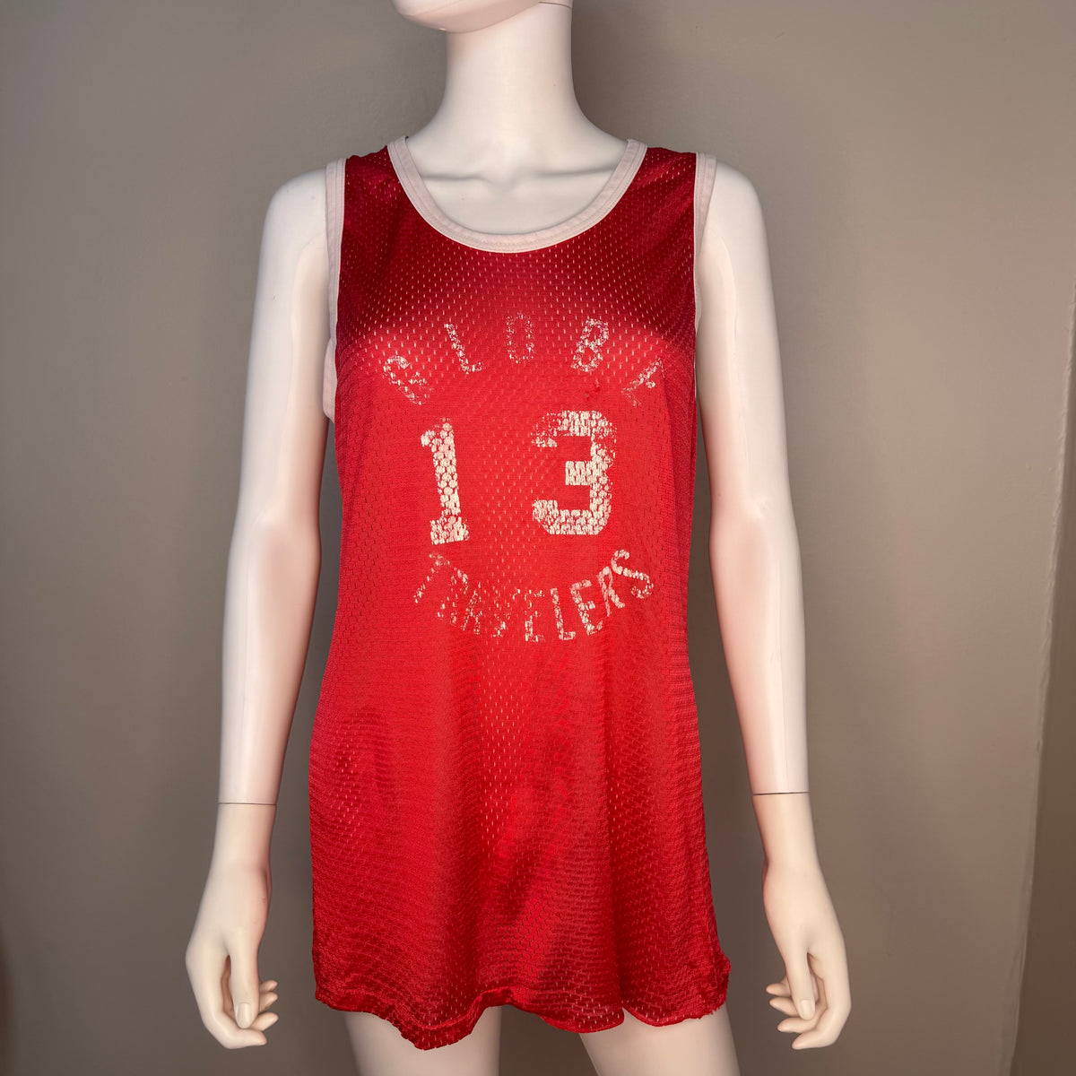 1970s/80s Red Mesh Basketball Jersey Tank Top, Size Medium, Globe Travelers No 13, Distressed
