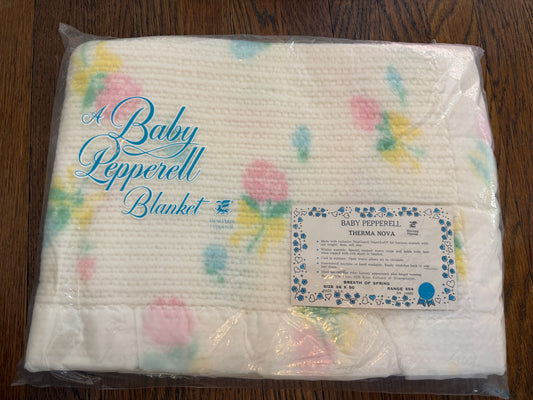 1960s Baby Pepperell Therma Nova Crib Blanket with Satin Binding, Breath of Spring Pastel Floral Print, Rayon Nylon Blend, New in Package