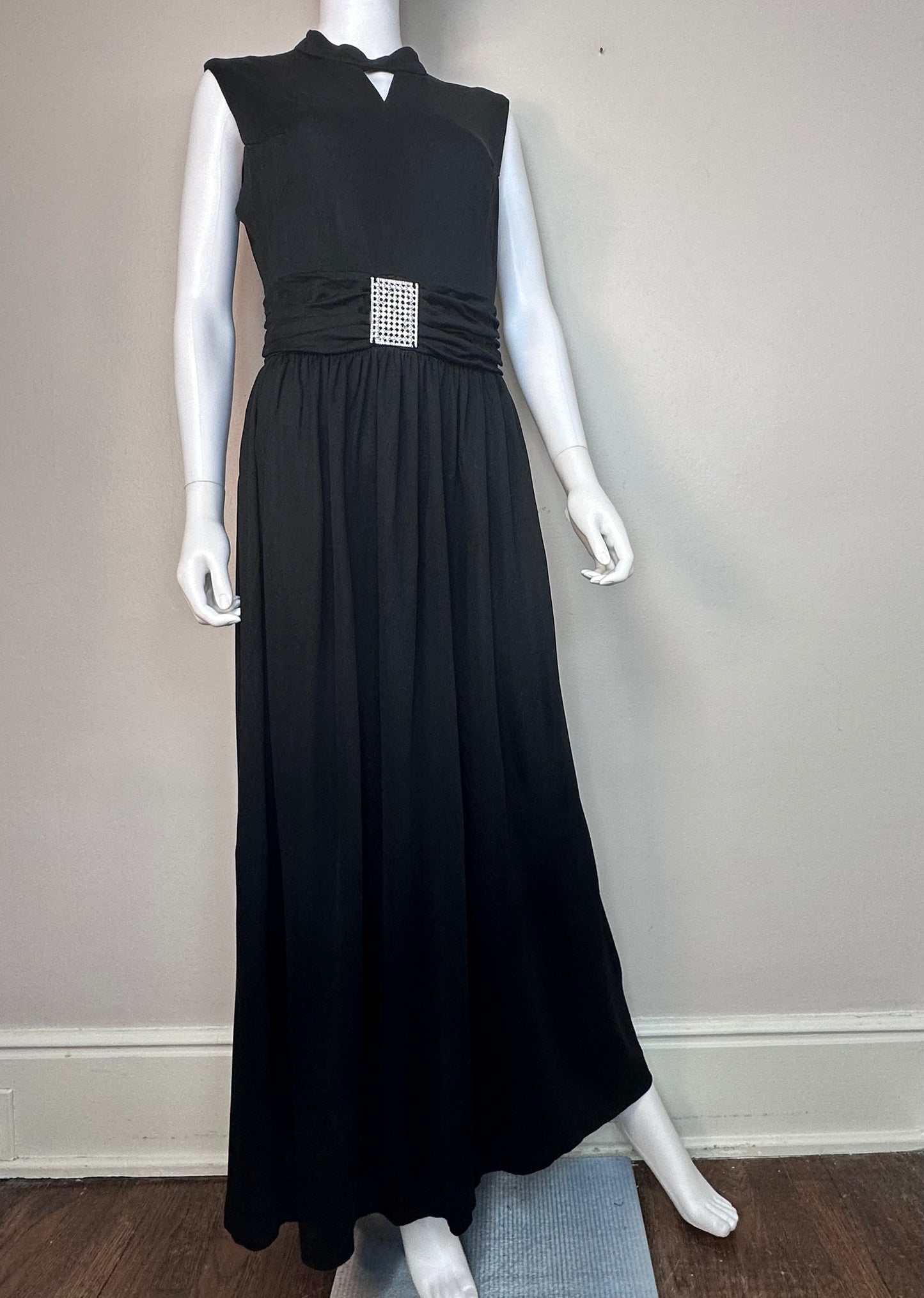 1970s Black Sleeveless Maxi Dress with Rhinestone Buckle, Size Medium