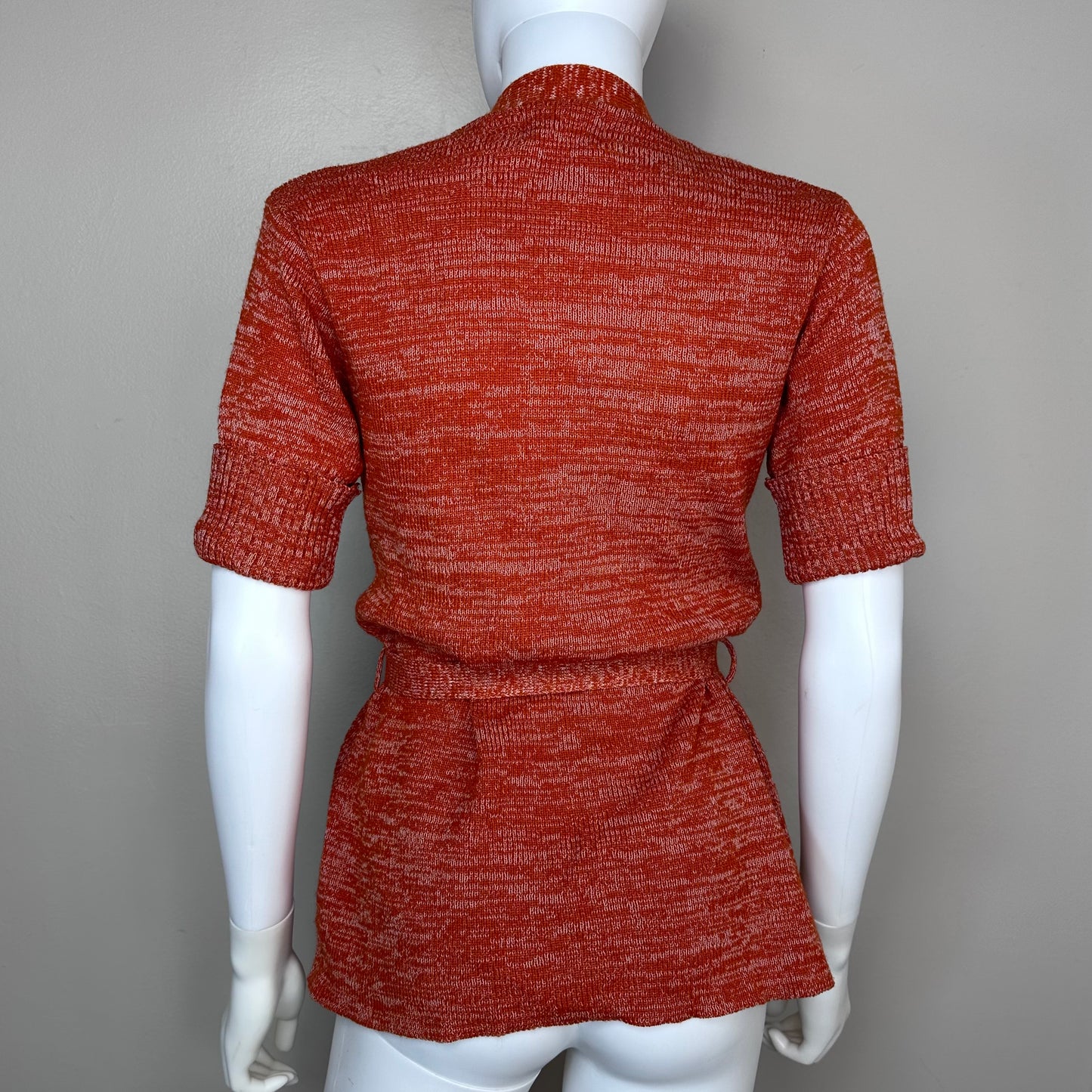 1970s Burnt Orange Short Sleeve Wrap Cardigan Sweater, Belted, Sheridan Creations Size Small