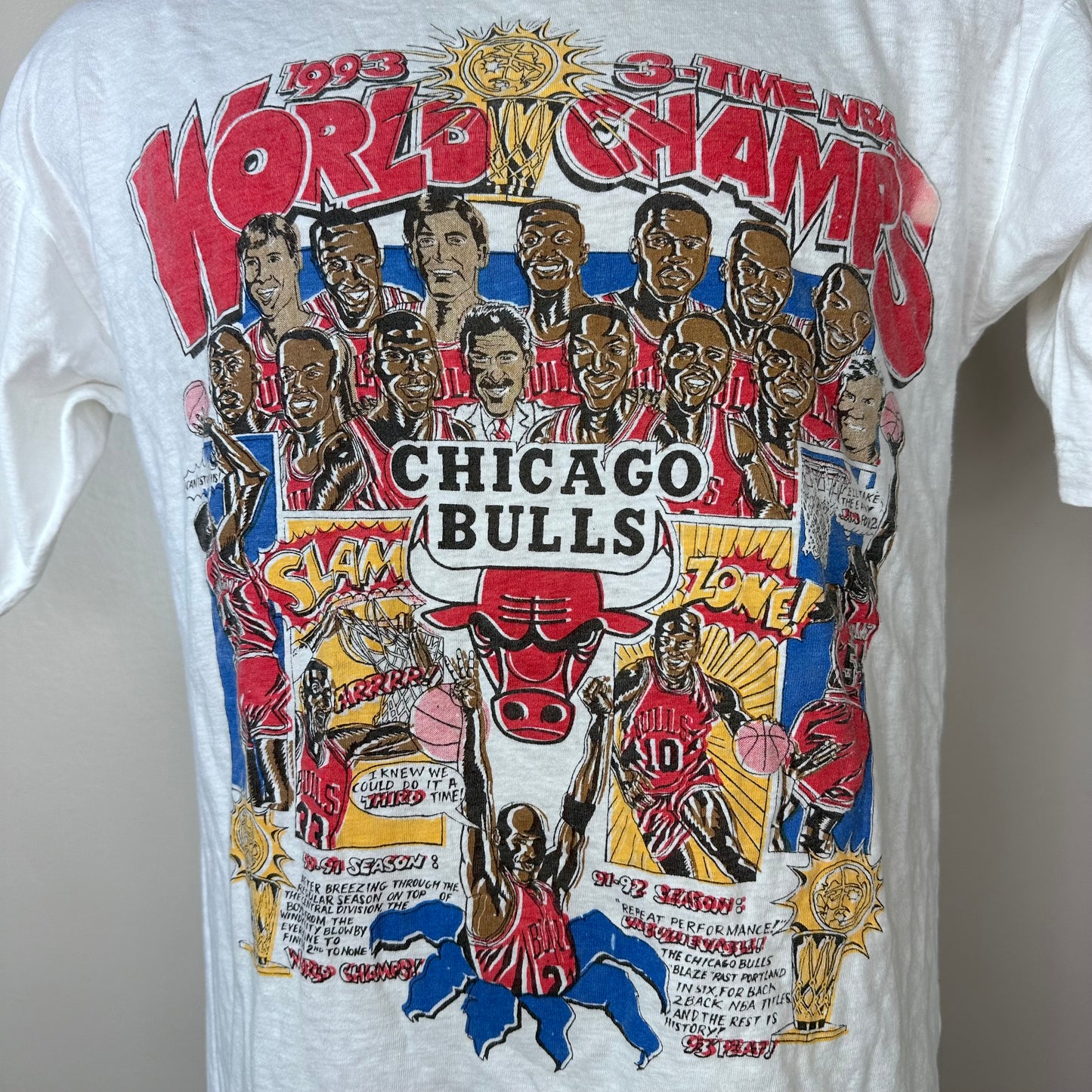 1990s Chicago Bulls T-Shirt, Size Medium, 1993 3-Time NBA World Champs Comic Style