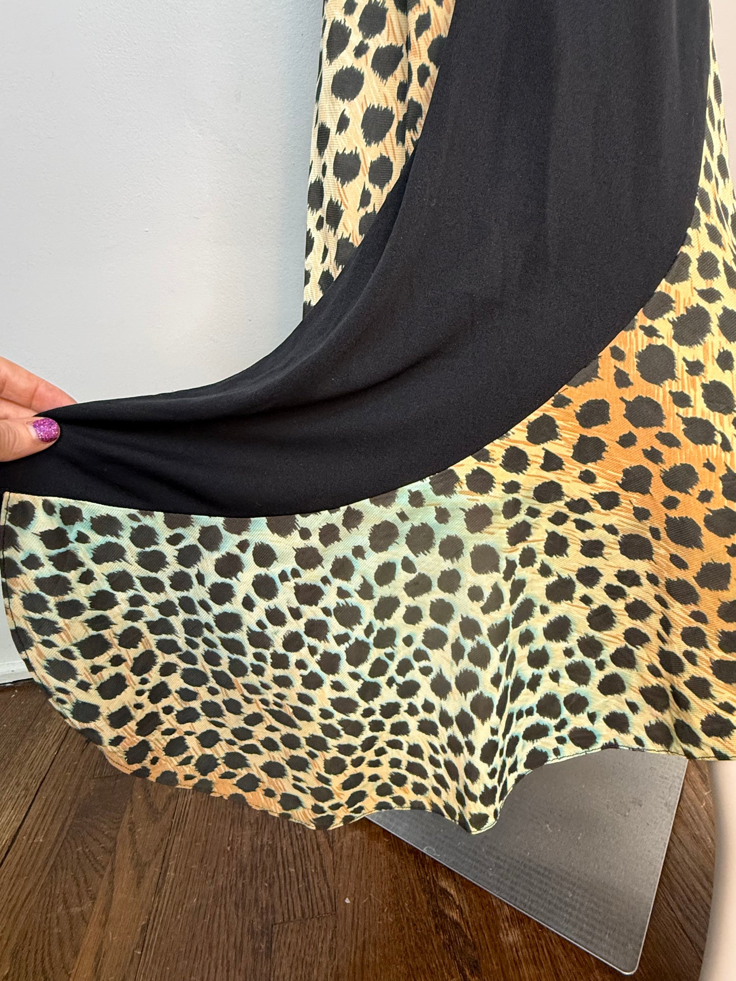 1970s Leopard Print Maxi Dress, Long Sleeve Turtleneck, Size Small, Curved Panel Skirt with Full Sweep